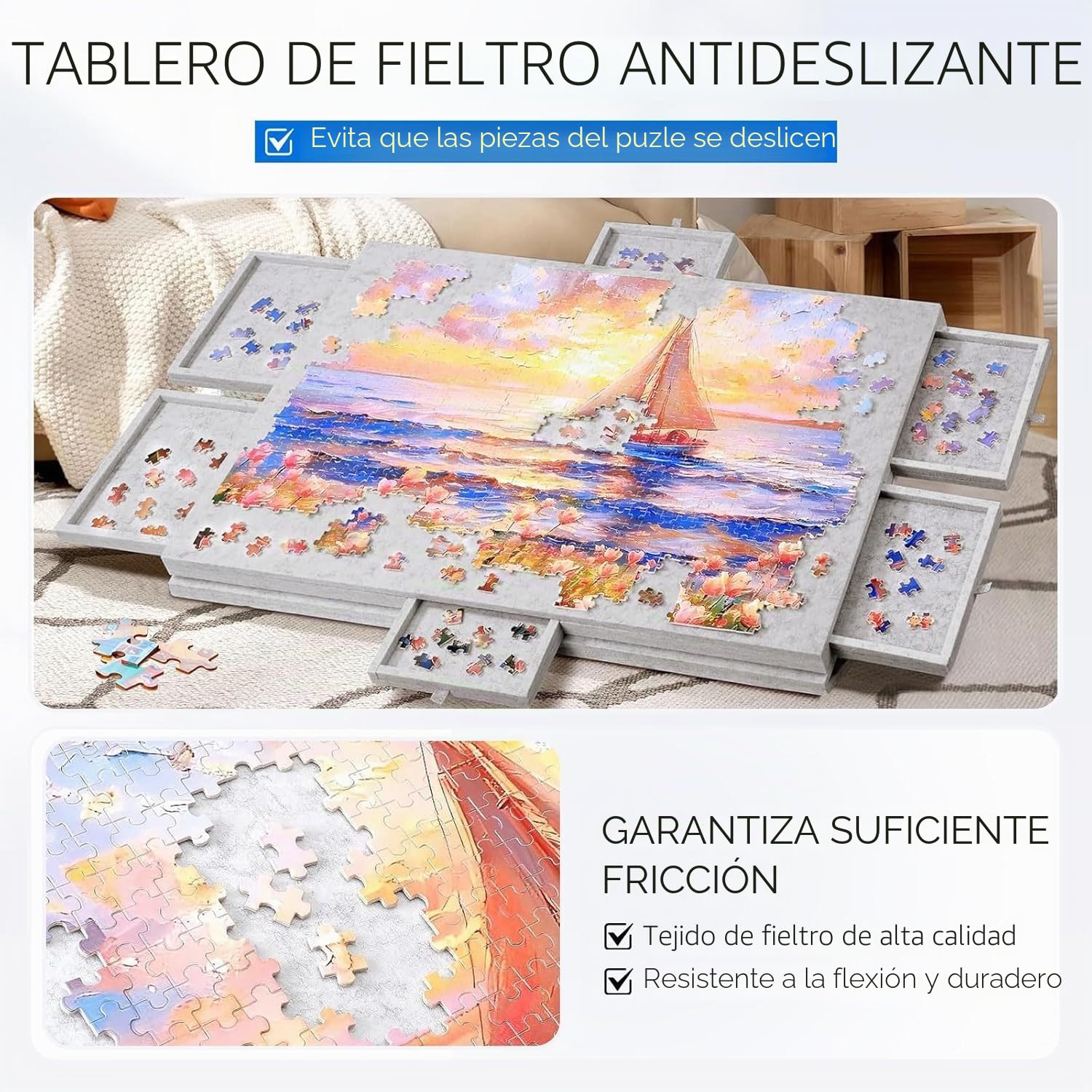 Tablero para Puzzle Inclinable de 1000 Piezas con 6 Cajones y Cubierta Coloridos - Tablero para Puzzle de Fieltro Ligera y Portátil