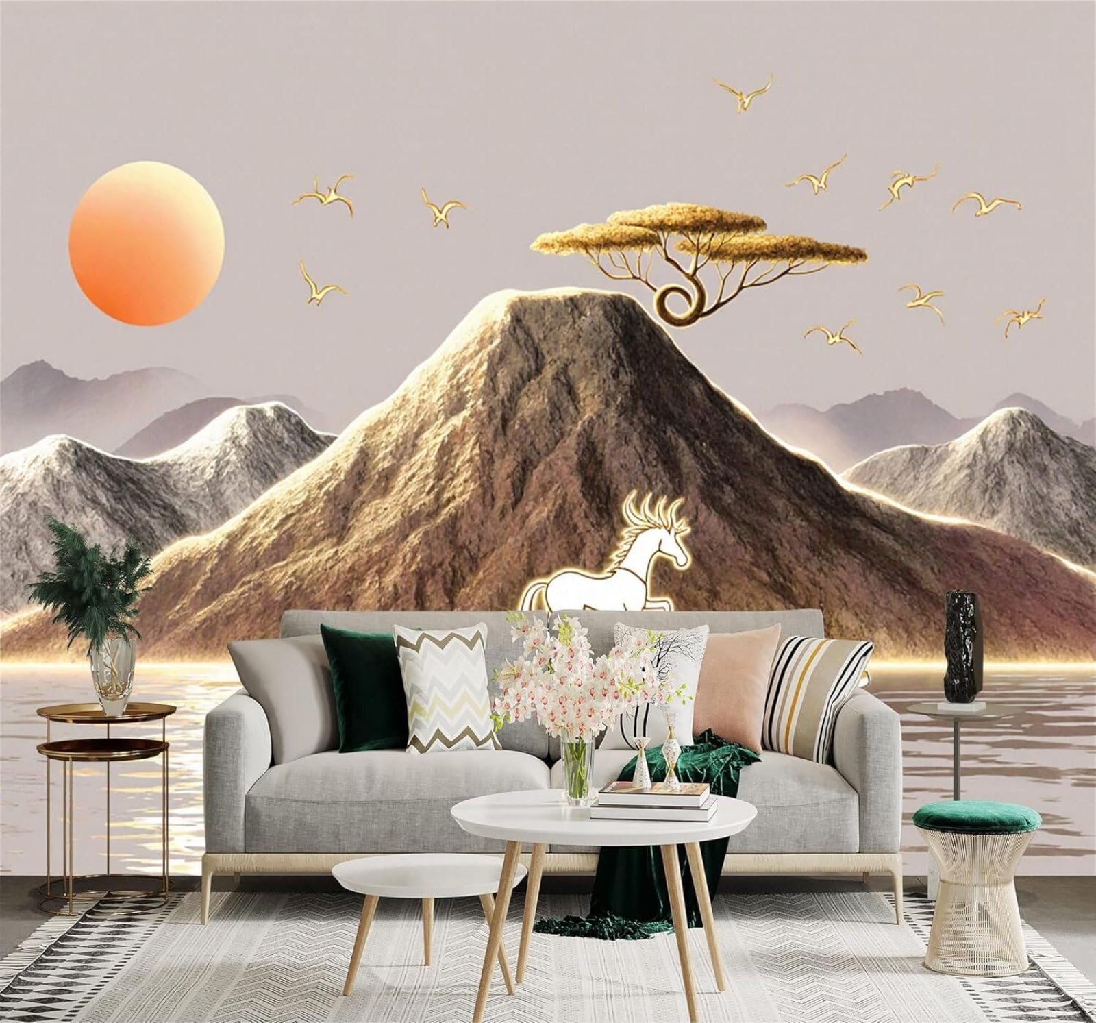 Xlming 400Cm×280Cm(B×H) Golden Peaks Sunset White Horse Birds In Flight Landscape 3D Wallpaper Silky Texture Home Study Office Grey Dining Room Sofa Bedroom Living Room Tv Backdrop-400Cm×280Cm