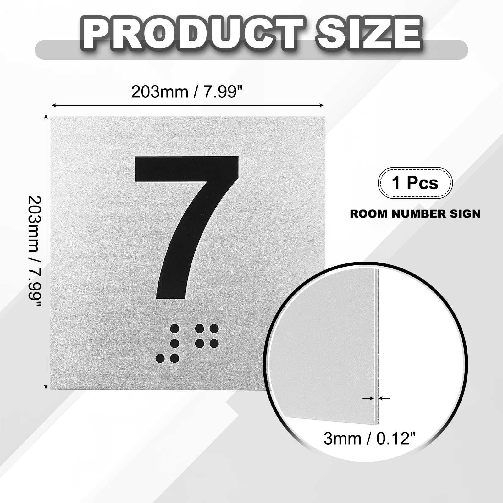 PATIKIL Placa Numérica Para Sala De Examenes 8" x 8" Número 7 Con Braille Y Identificación Táctil Autoadhesiva Para Oficinas De Centros De Examenes Negro Sobre Plata