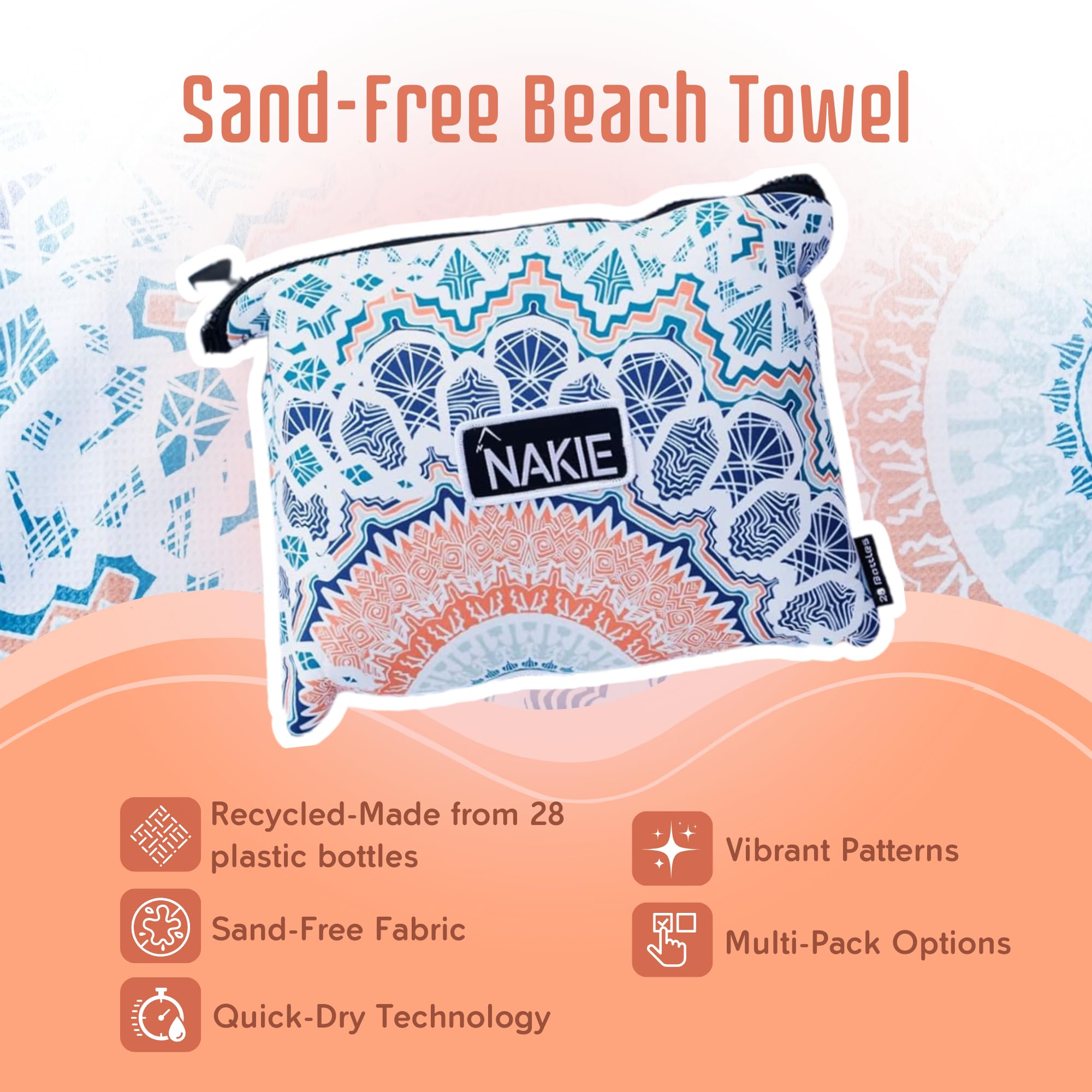 Nakie Sand Free Beach Towel, Quick Dry, Lightweight and Compact with Storage Bag, 160x90cm, Made from Recycled Bottles for Beach, Pool, Travel, Swimming and Outdoor Use