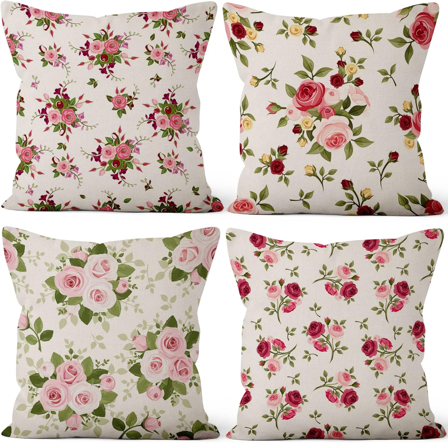 Yeele 18x18inches Floral Decorative Throw Pillow Covers Set of 4 Rose Flowers Modern Blossoms Pillow Cases Cotton Linen Square Cushion Cases for Sofa Couch Patio Living Room Bedroom Home Decors