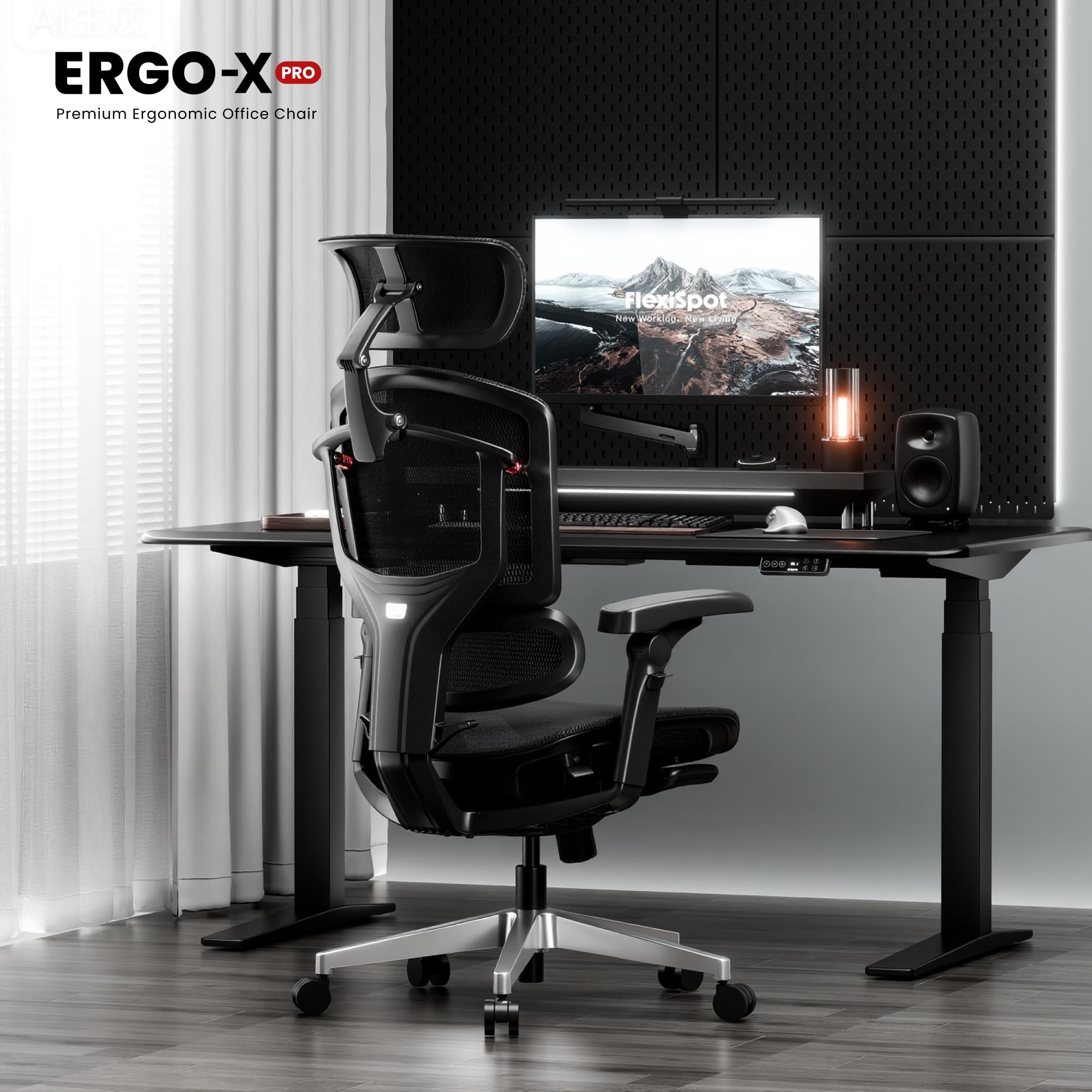 FLEXISPOT ErgoX Pro Sedia da Ufficio Ergonomica con Poggiapiedi, Altezza Regolabile a 12 Livelli, Braccioli 7D, Supporto Lombare 5D, Poggiatesta 4D, Portata 250 kg e Seduta in Rete Traspirante – Nero