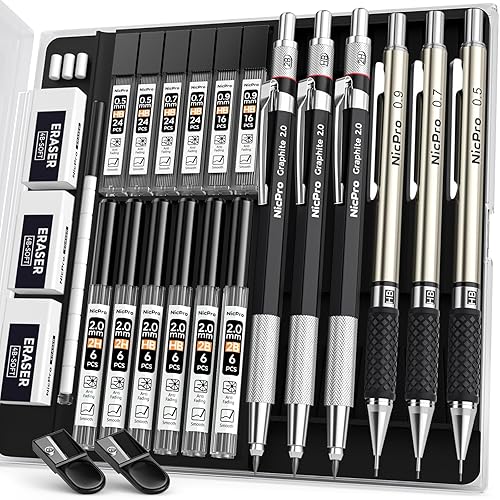 Nicpro 6PCS Art Mechanical Pencil Set, 3PCS Metal Drafting Pencil 0.5 mm & 0.7 mm & 0.9 mm & 3PCS 2mm Graphite Lead Holder (2B HB 2H) For Writing, Sketching Drawing With Lead Refills Case - Silver