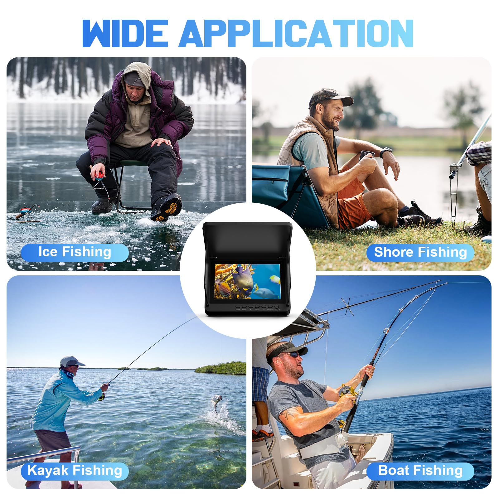 Buscador de peces IPS de 5 pulgadas para barco con 6000 mAh, cámara de pesca subacuática 1080 HD, gran angular de 220°, impermeable IP68, cámara de pesca en hielo de 30 m con 8 LED IR de alto brillo