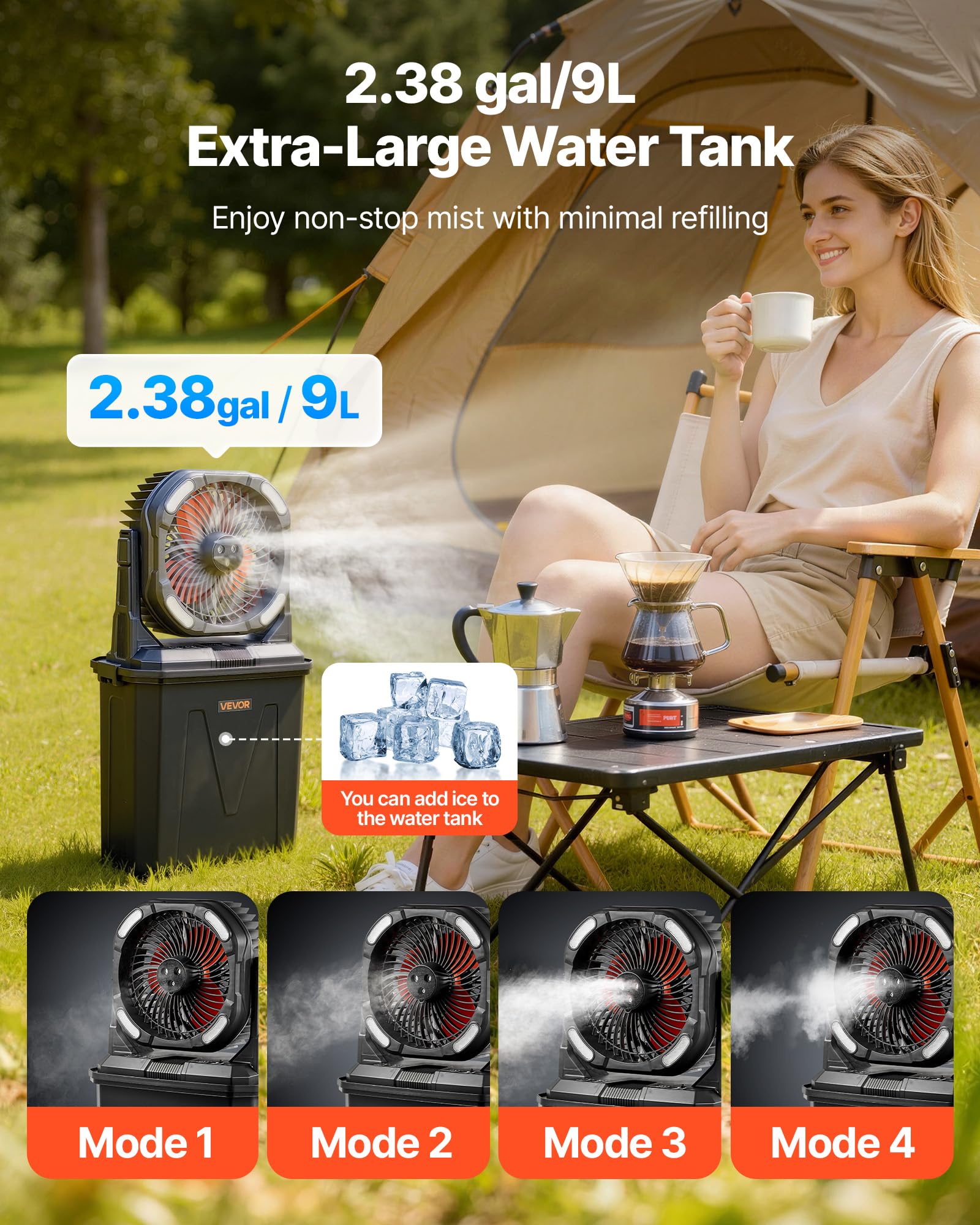 VEVOR Camping Ventilator, 2700 U/min Motor, Nebelfan, Nebelventilator mit 9-L-Wassertank, 10000-mAh-Akku, 4 Windstufen & 5 Beleuchtungsmodi, Tragbarer Standventilator für Camping, Angeln & Reisen
