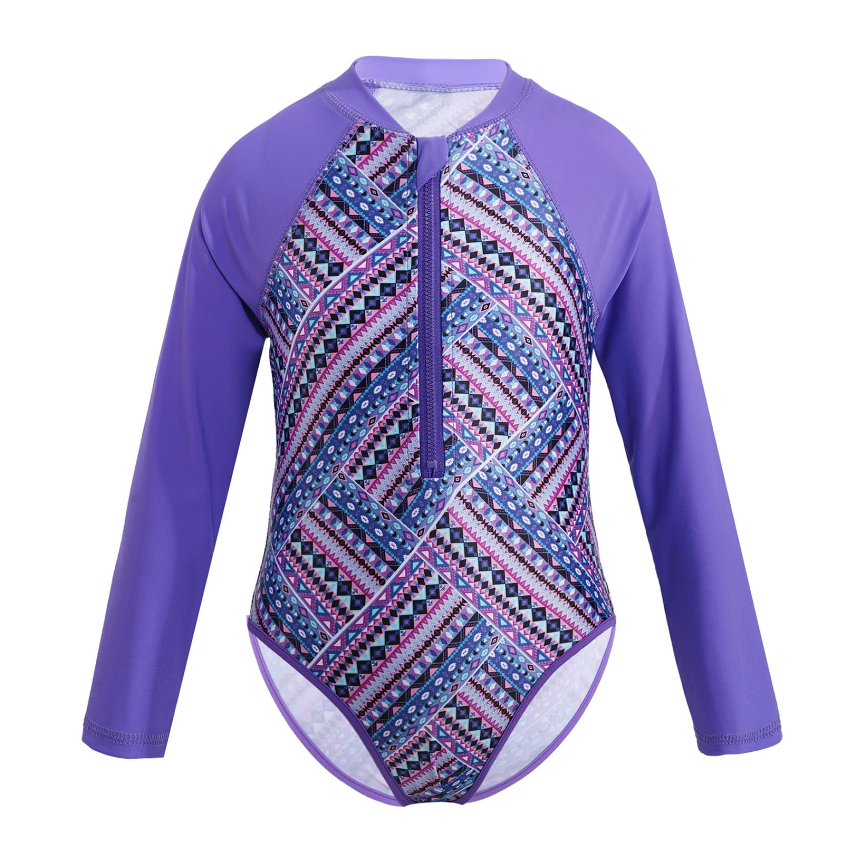 Yihuimin Kids Girls 1Ps Printed Swimsuit Front Zippered Leotard Color Contrast Bathing Suit for Surfing Purple 8 Years
