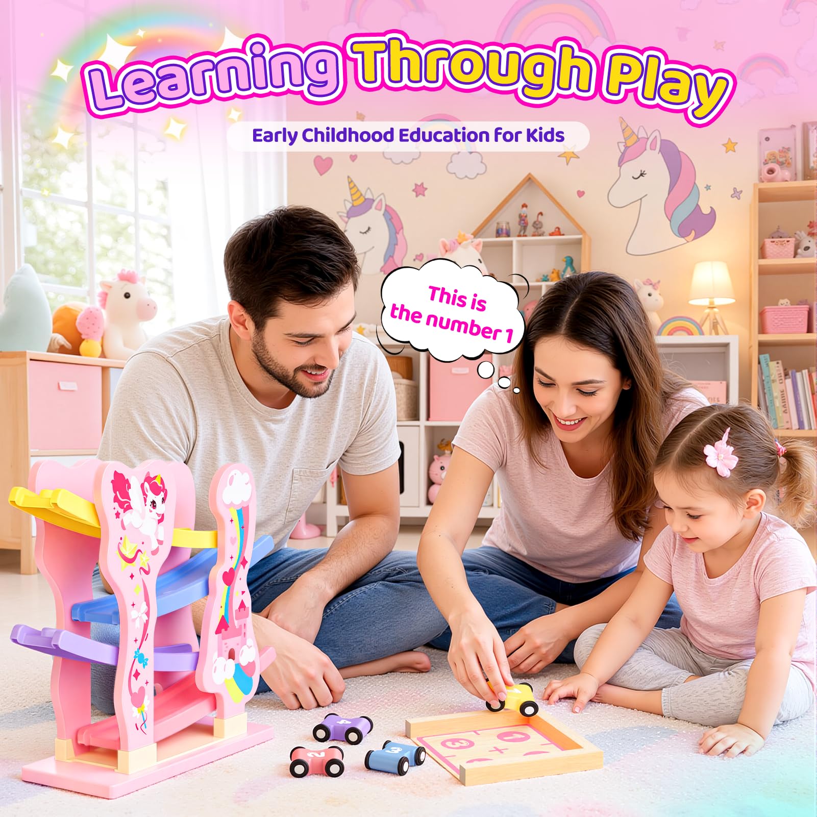 Toyzey Jednorożec Montessori zabawka od 1, 2, 3 lat, zabawka samochodowa, tor kulkowy
