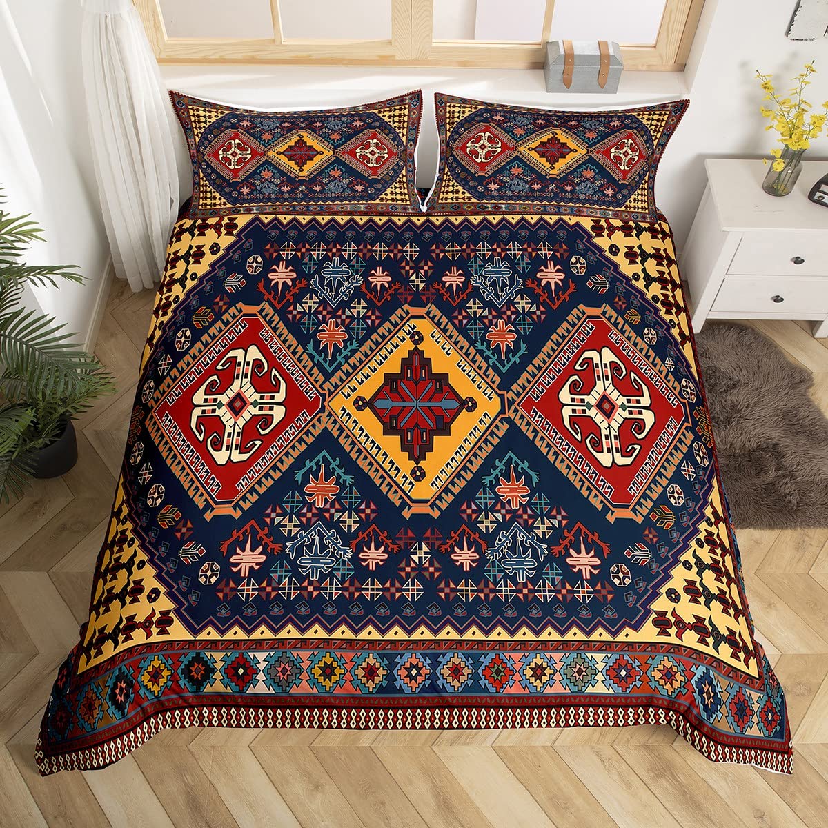 Homewish Boys Multi 04 Oriental Comforter Cover Vintage Bed Set Floral Duvet Cover Super King Traditional Aesthetic Bedding Set Boho Tribal Bedspread Cover Hippie Man Ala Paisley Decor Black 3Pcs