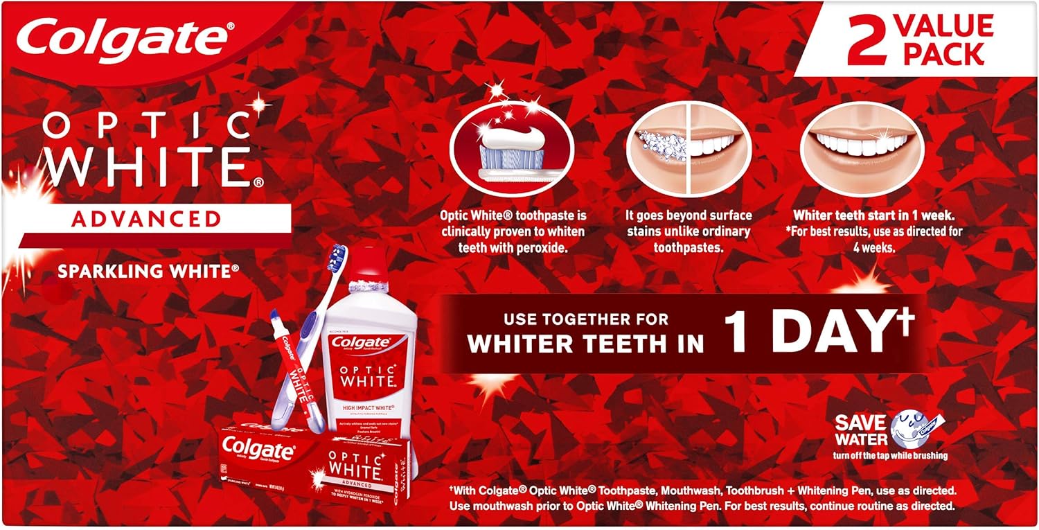 Colgate Optic White Whitening Toothpaste, Sparkling Mint - 5 oz, 2 Pack