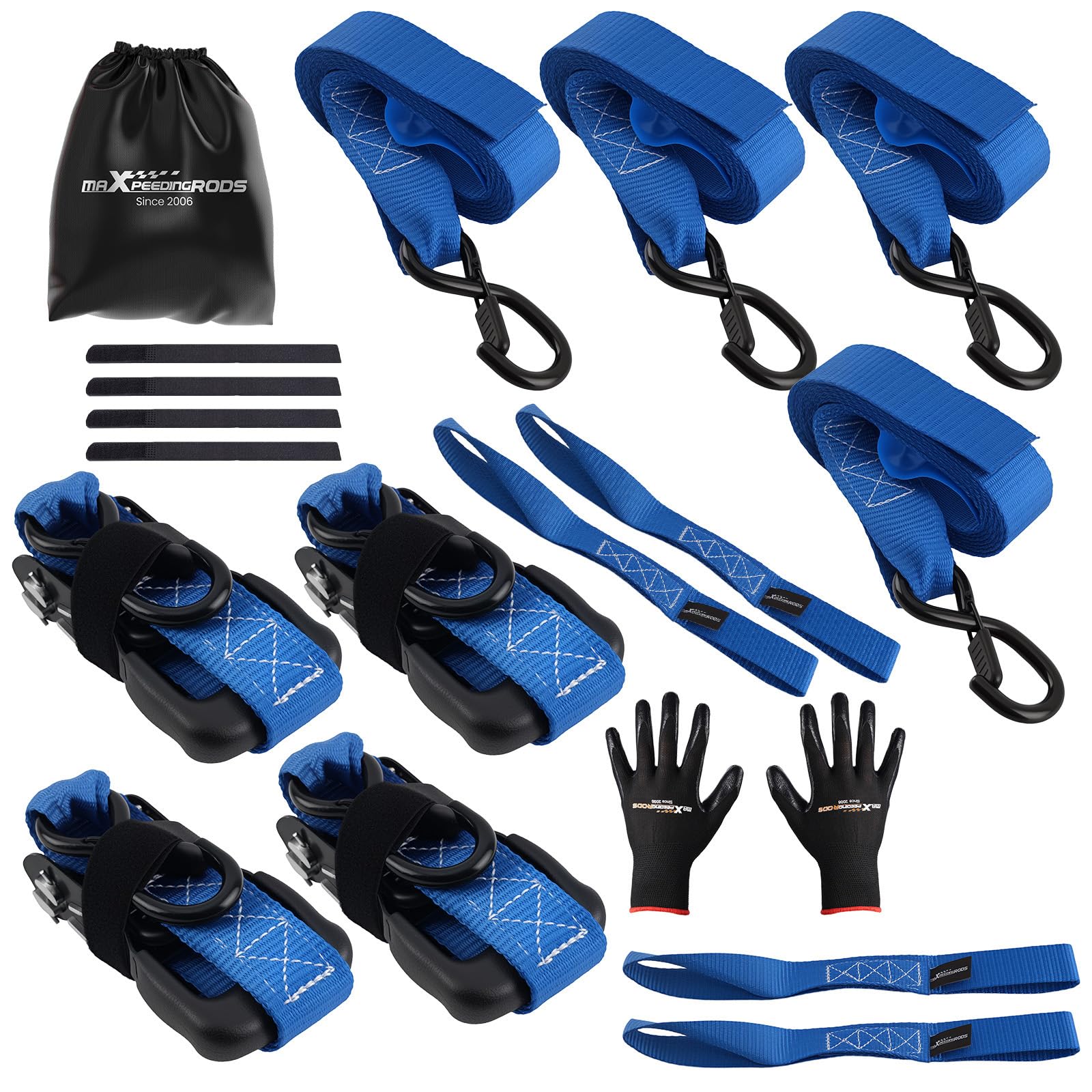 maXpeedingrods Spanngurte Ratschen Zurrgurte Set 4-teilig 2362kg | mit Soft Loops & S-Haken, 2.4m x 4cm inkl. Tasche& Handschuhe – für Motorrad, ATV, Auto, LKW, Transport - Blau