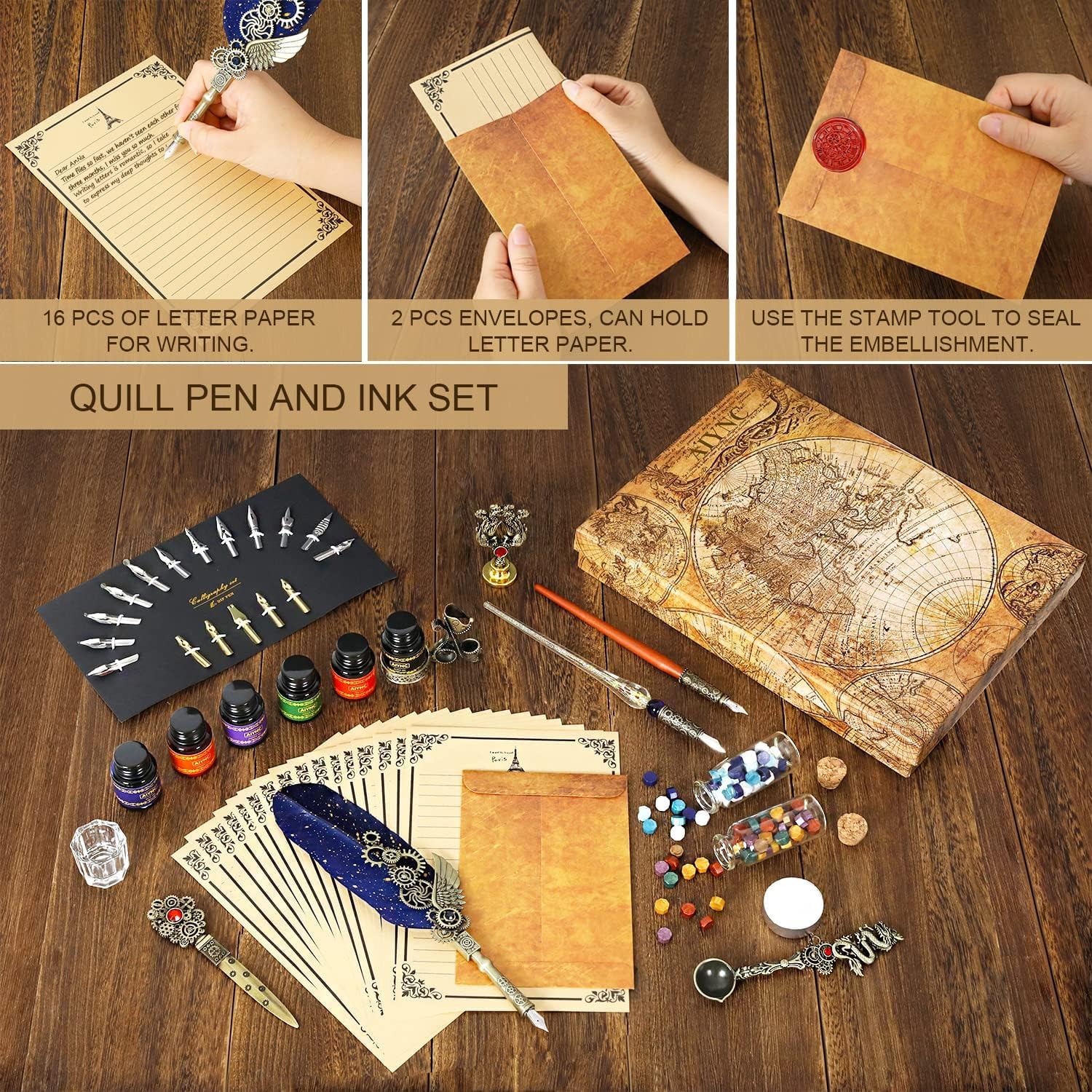 Juego de tinta para pluma de pluma, con pluma de madera, bolígrafo de inmersión de vidrio, 6 botellas de tinta, 16 papel de carta, 2 sobres, 17 puntas, soporte para bolígrafos, 2 botellas
