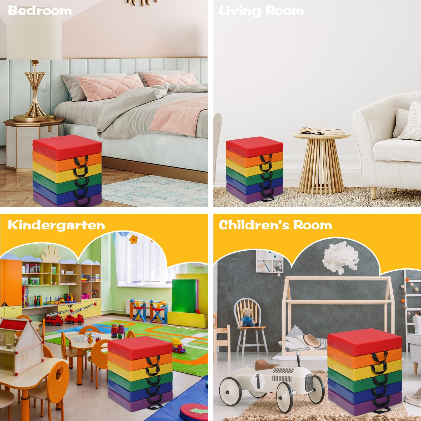 LIFEZEAL Set di 6 cuscini per sedia per bambini, con maniglia, impilabili, in schiuma e poliuretano, per bambini, rotondi/rettangolari, per cameretta dei bambini (Arcobaleno)