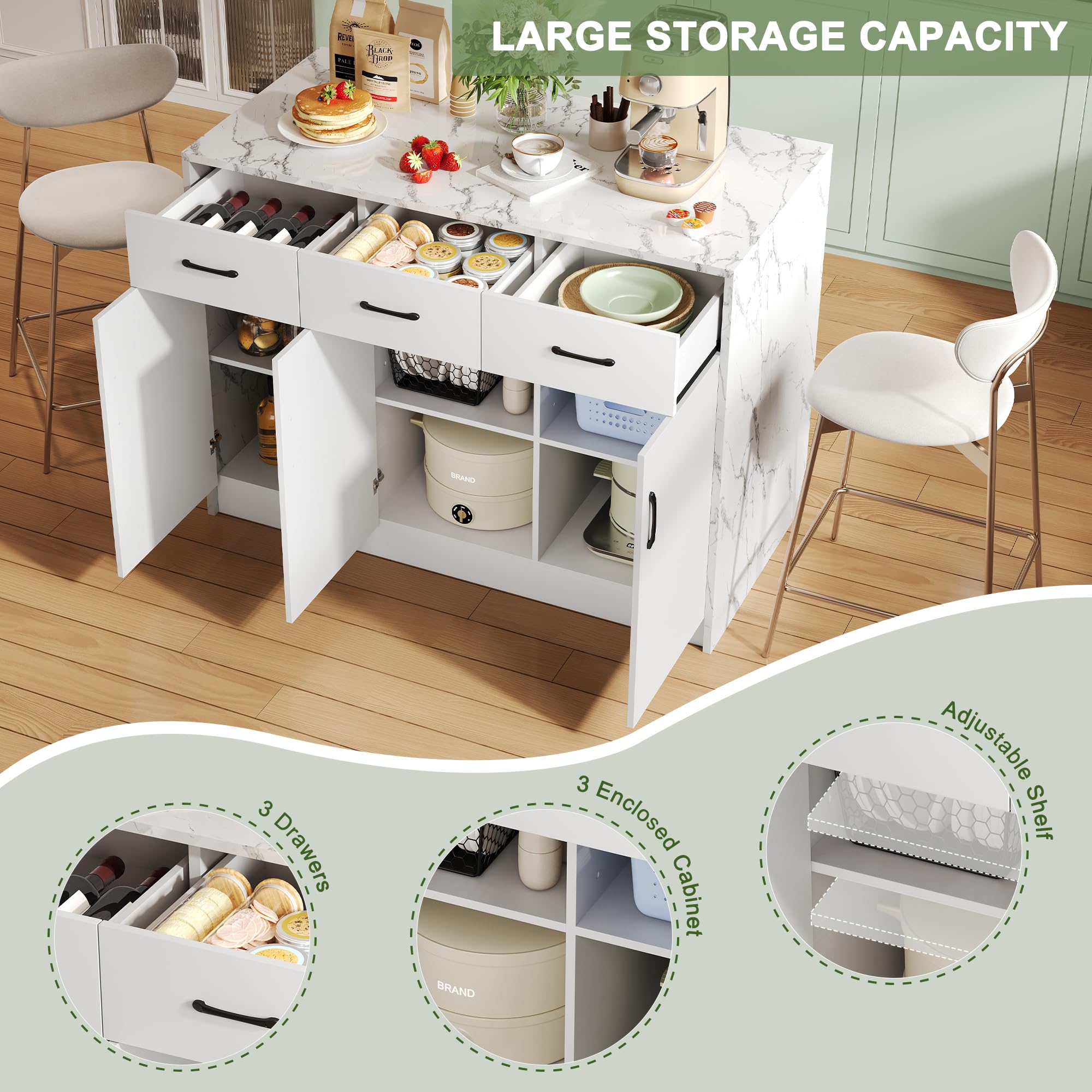 Grande isola da cucina 120 x 60 x 90,5 cm, 3 cassetti e 3 ante, design in marmo bianco, ripiani regolabili, cassetti silenziosi, design zona bar - Utensili da cucina eleganti e pratici