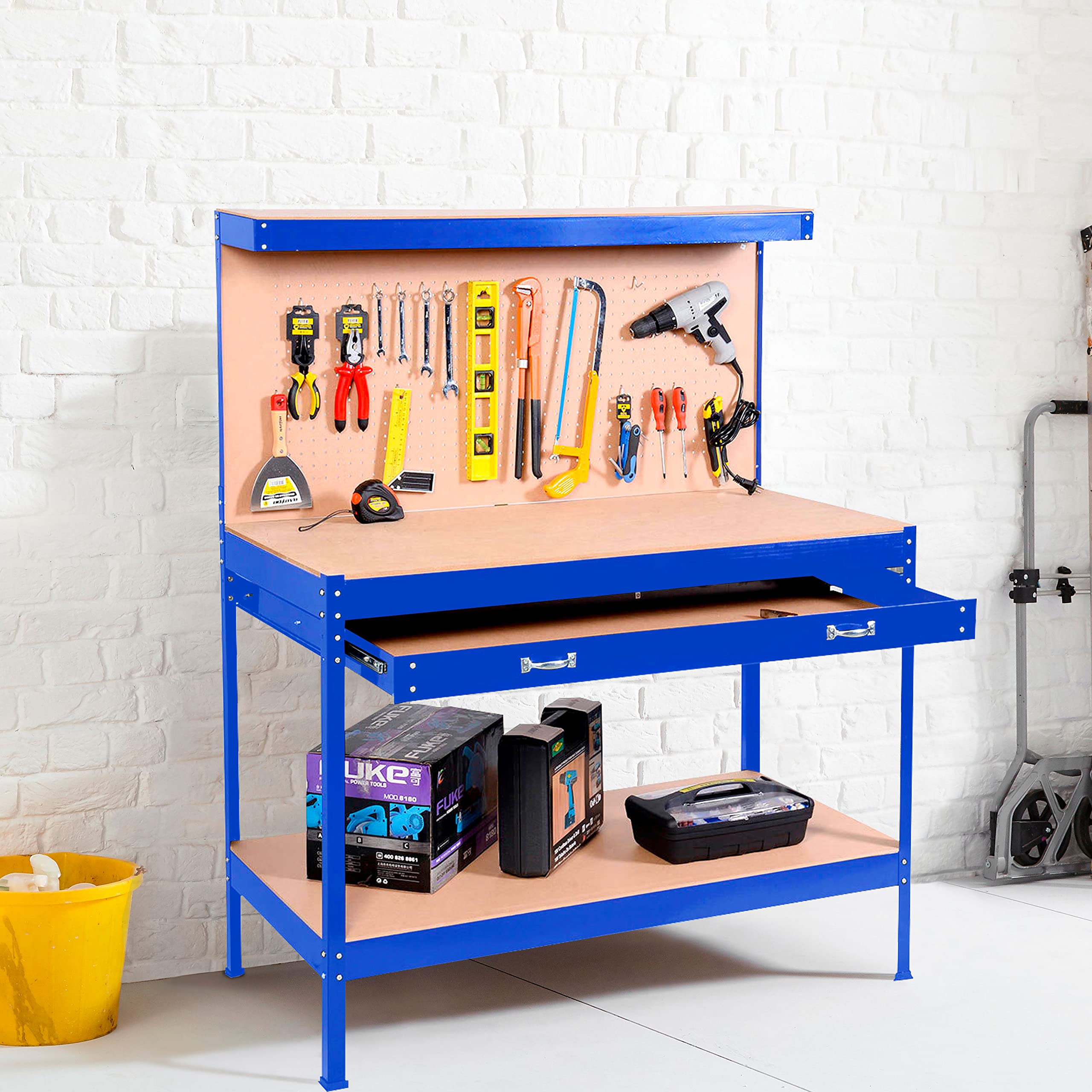 Neo Banco de trabajo de metal de acero banco de trabajo mesa de acero resistente clavija de acero cajón herramienta cobertizo de almacenamiento de garaje taller carpintería bricolaje (azul)