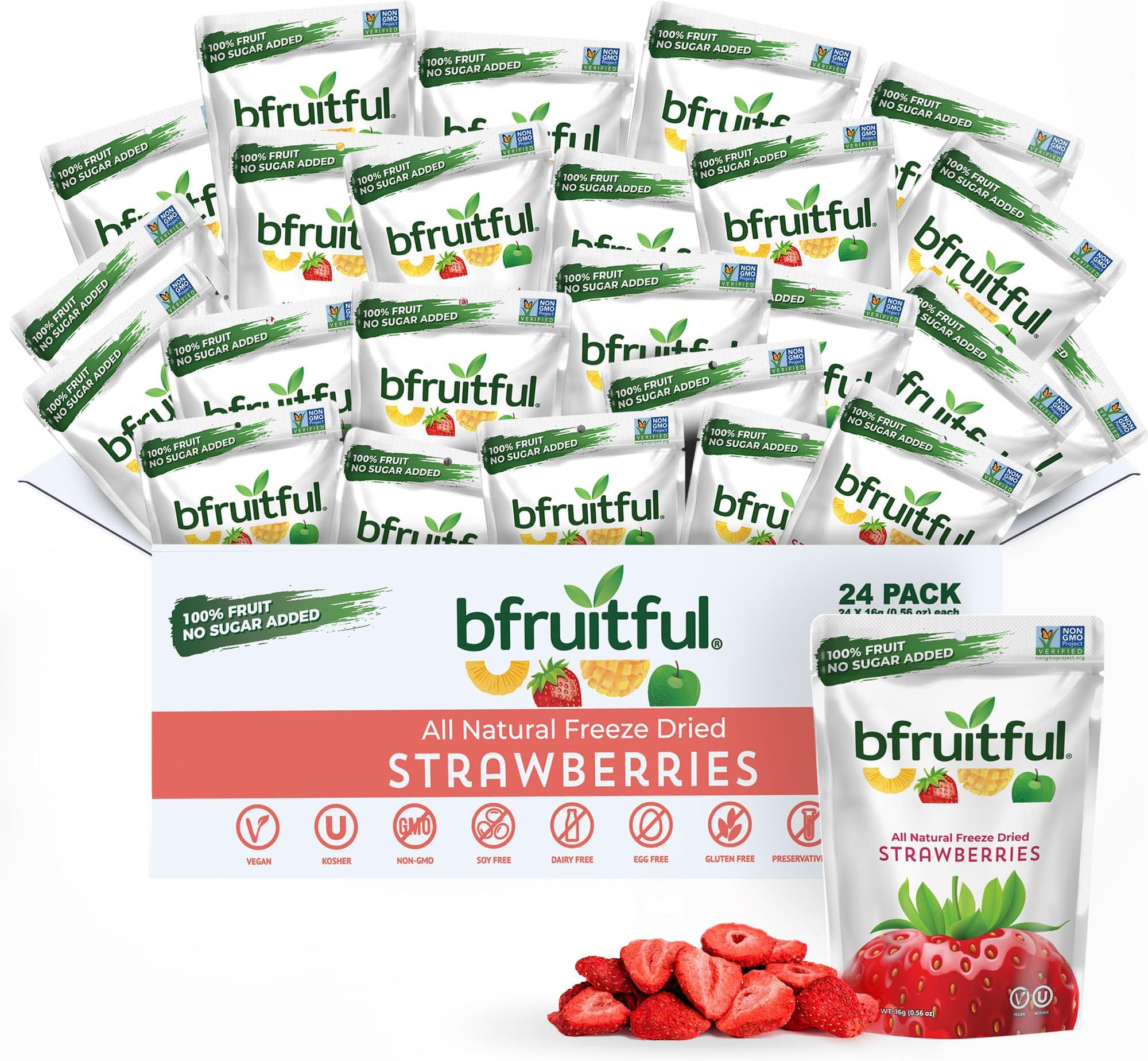 bfruitful Freeze Dried Strawberries, Freeze-Dried Strawberry Snacks with No Sugar Added, Vegan, Non GMO, Kosher, Fruit Bites for Kids and Adults, 0.56 oz Single-Serve Packs, 24 Count