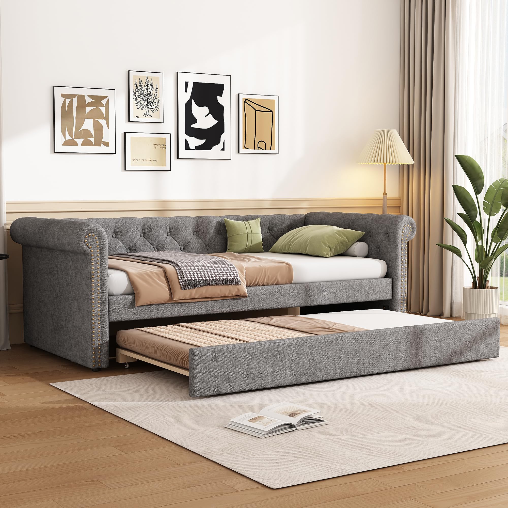 Merax Upholstered Bed with Pull Out Bed, 4ft6 double Trundle Day Bed, Soft-arm Design, Sturdy Slatted Frame, for Adults Children, Velvet Grey/135x190cm(No Mattress)