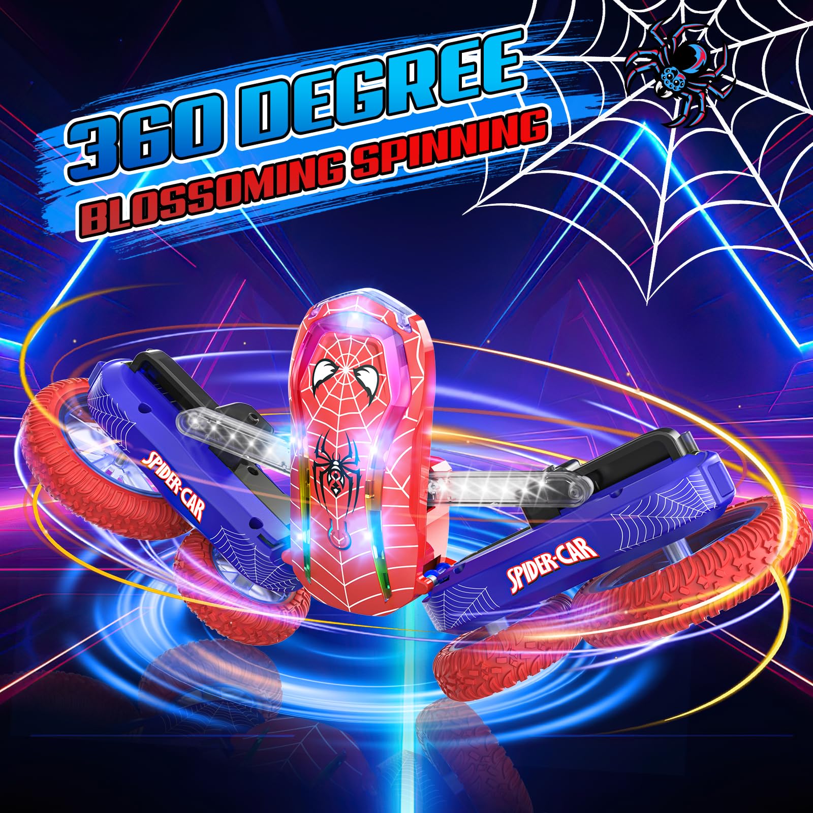 Coche Teledirigido Niños 4 5 6 7 8 9 10 Años, Spider Juguete Monster Truck RC Carro Radiocontrol Acrobático con Espectáculo de Luz, Remote Car Regalo Niña Cumpleaños Navidad Juego Infantiles Exterior