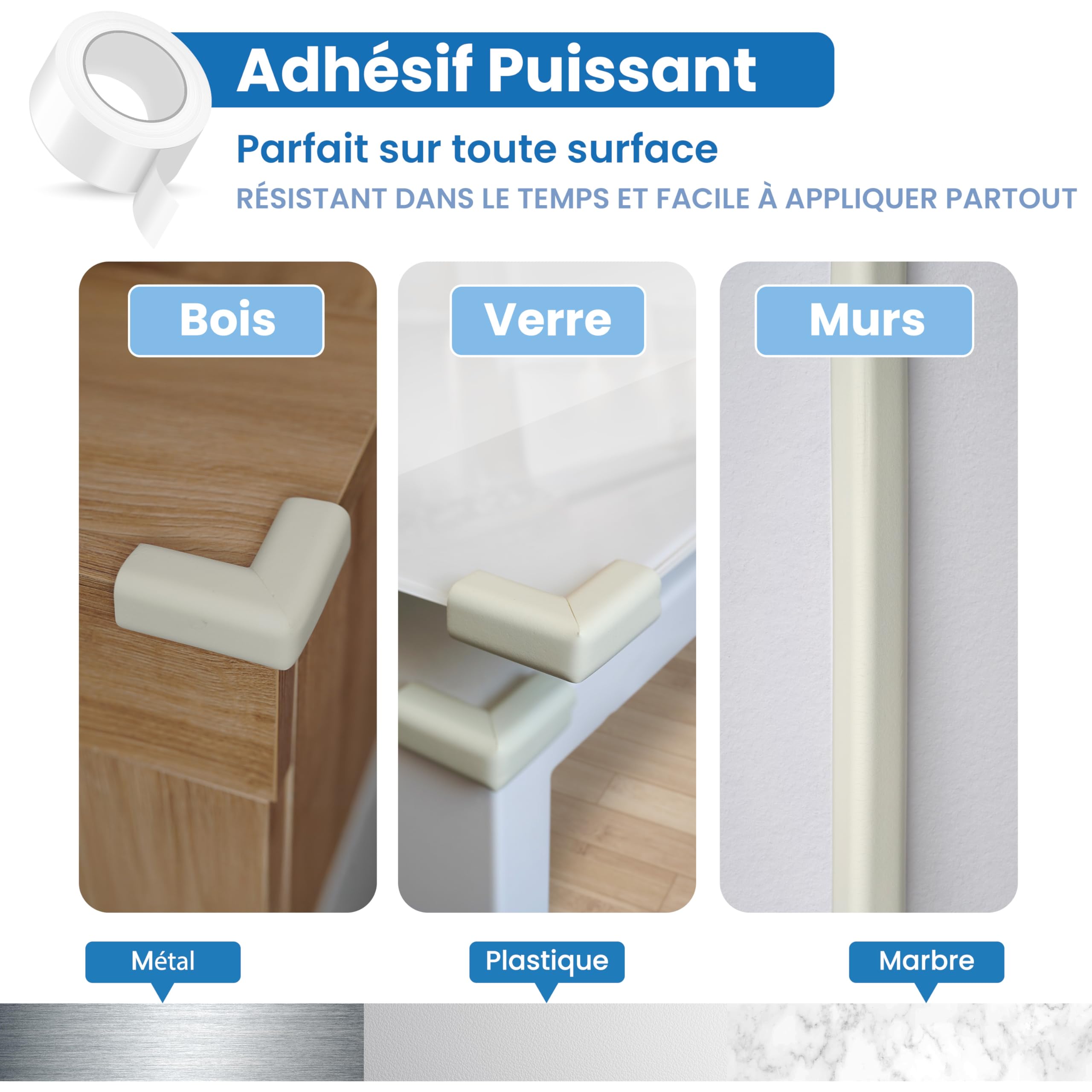 Happy Chlea Coin de Table Protection Bébé – 6,4 m Couverture Totale (Protection Bords et Angles + 8 Protège-Angles), Anti-Choc pour Meubles, 4 Bloque-Tiroirs + 1 Bloque-Porte Sécurité Enfant