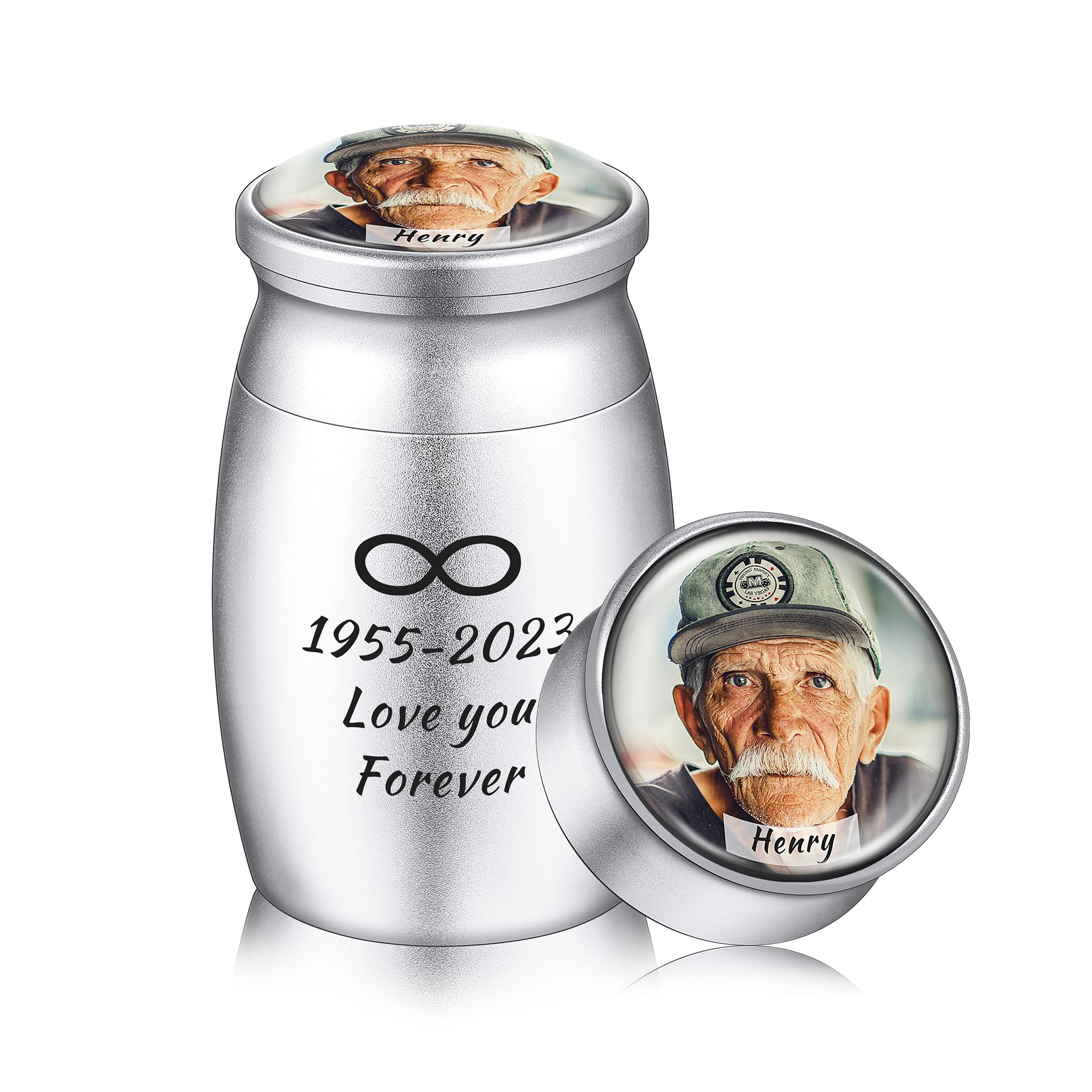 OTXIXTO Personalized Small Cremation Ashes Holder Aluminum Urn Glass Lid with Engraved Photo/Name Custom Ashes Keepsake for Human Pet Dog Cat (Silver-Custom Text)