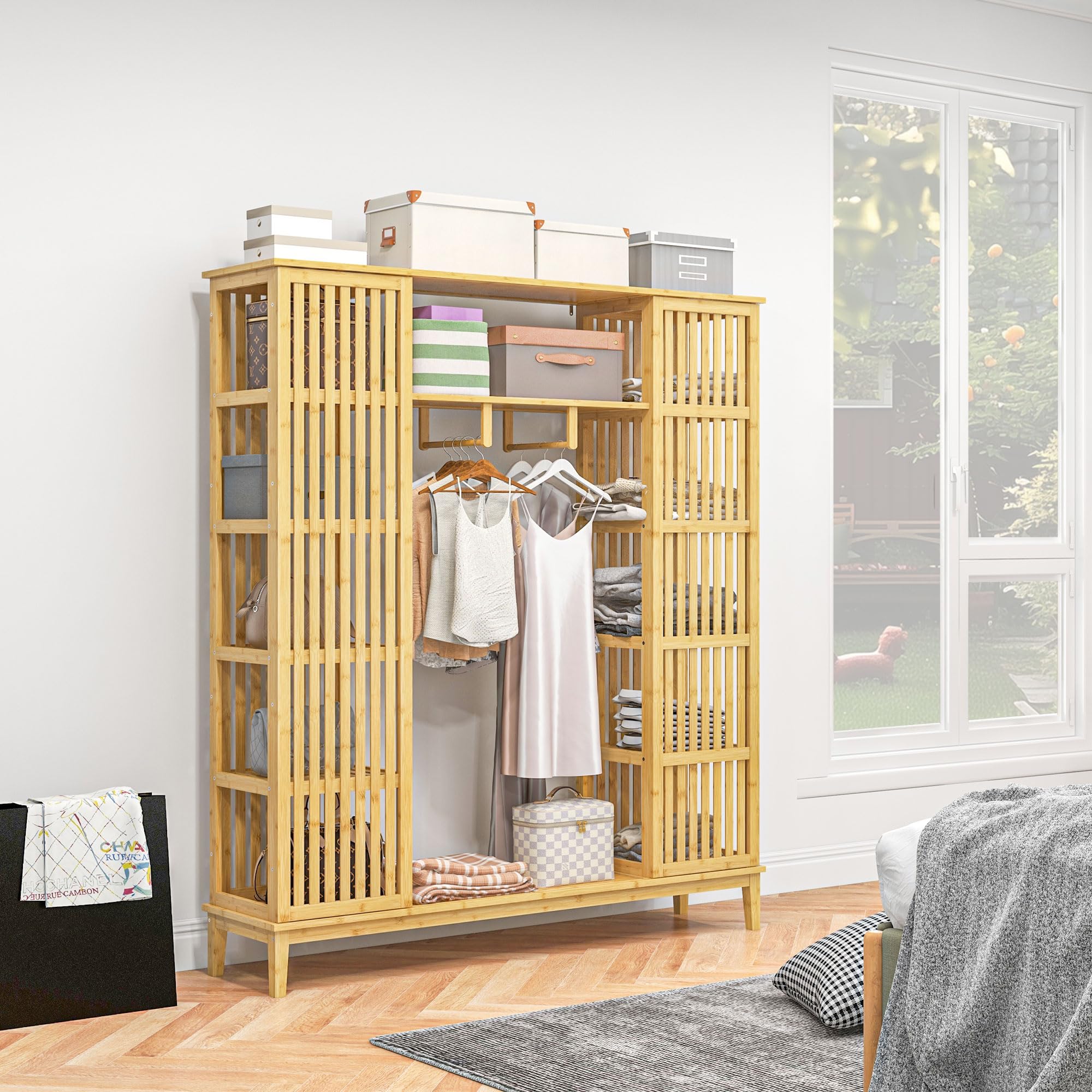 HOMCOM Kleiderschrank aus Bambus Aufbewahrungsschrank mit 2 Schiebetüren, offenen Regalen und Kleiderstange für das Schlafzimmer, 145 x 35 x 165cm, Naturholz-Finish