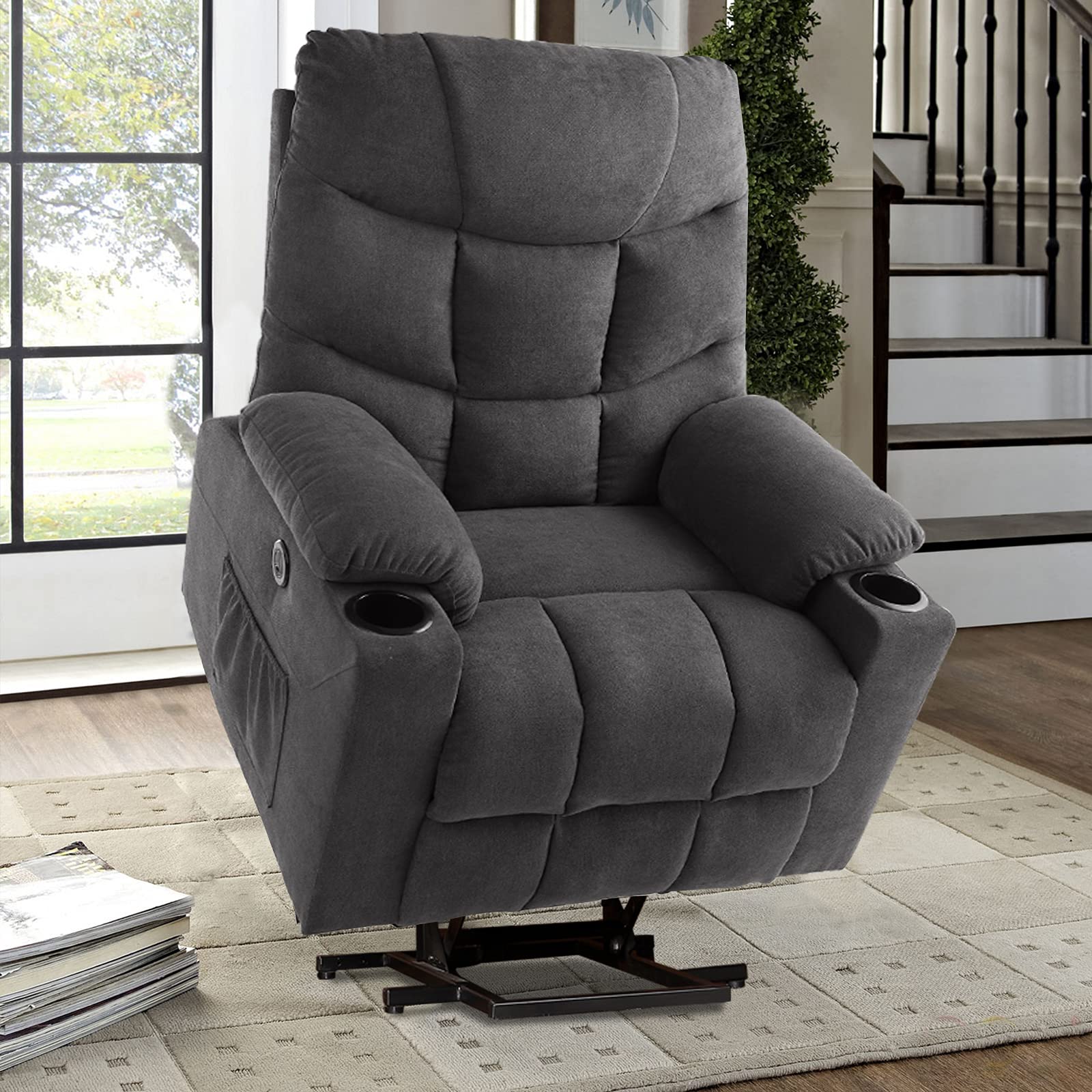 VUYUYU Power Lift Recliner Chair for Elderly Fabric Electric Recliner Chair Heated Vibration Massage Sofa for Living Room, 3 Positions, 2 Pockets, 2 Cup Holders (Grey)