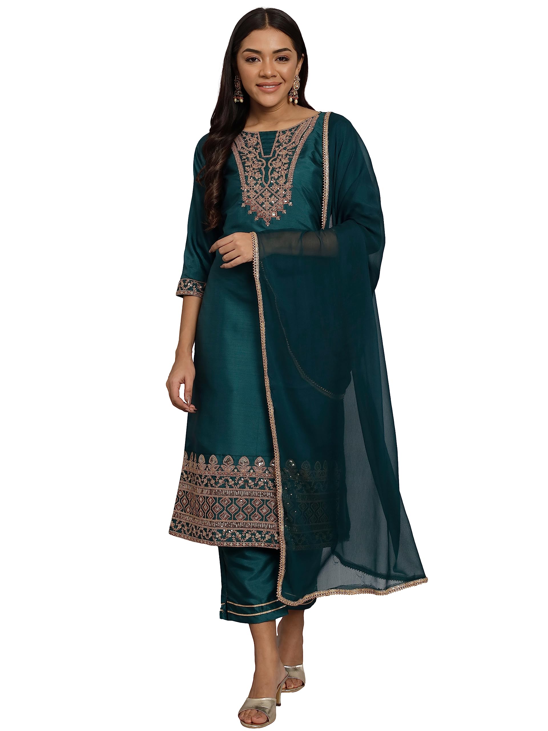 vredevogel Women's Silk Blend Embroidered Kurta with Pant & Nazneen Dupatta Set-picture-39