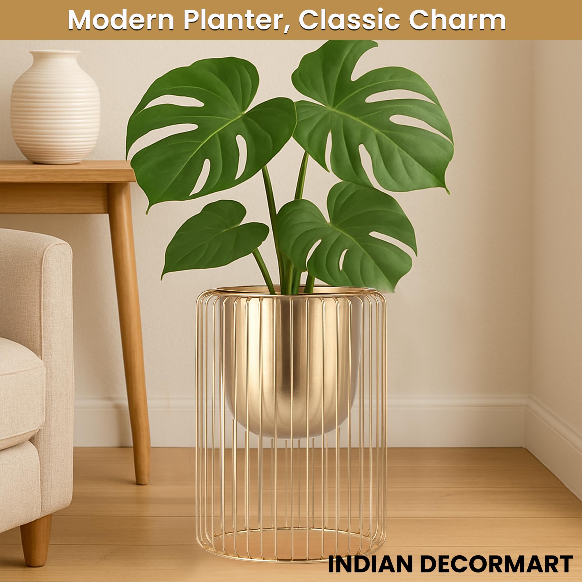 INDIAN DECORMART Modern Gold Metal Planter with Cylindrical Wire Cage Stand | Stylish Indoor Decorative Flower Pot for Home and Office Decor | Decorative Item for Living Room