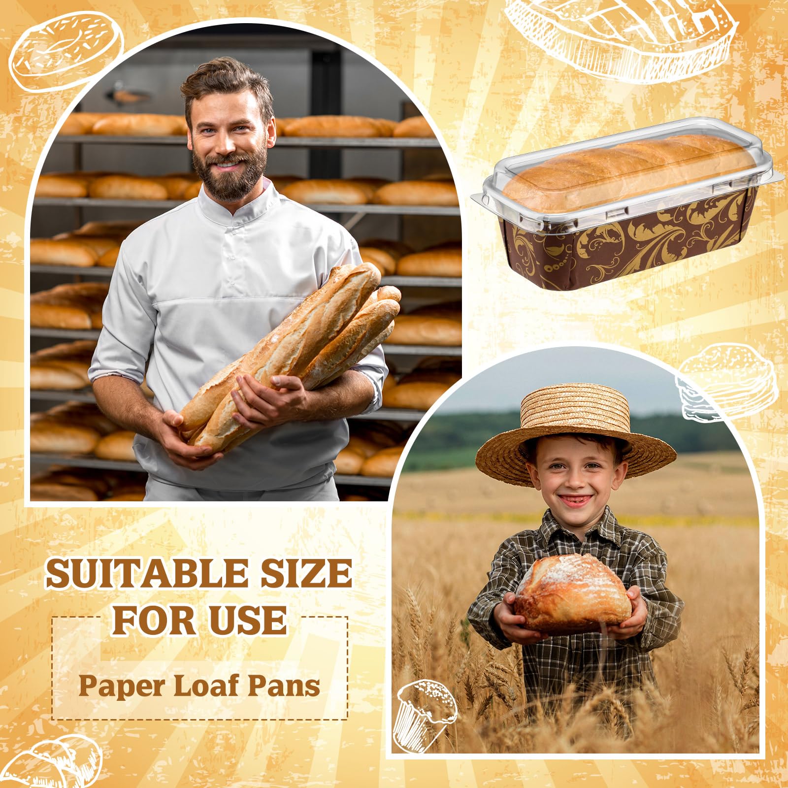 Baderke 60 piezas de 6 x 2.5 x 2 pulgadas, moldes de papel desechables para hornear con tapas, sartenes de papel kraft para pasteles, pan, horno, panadería, regalos de vacaciones