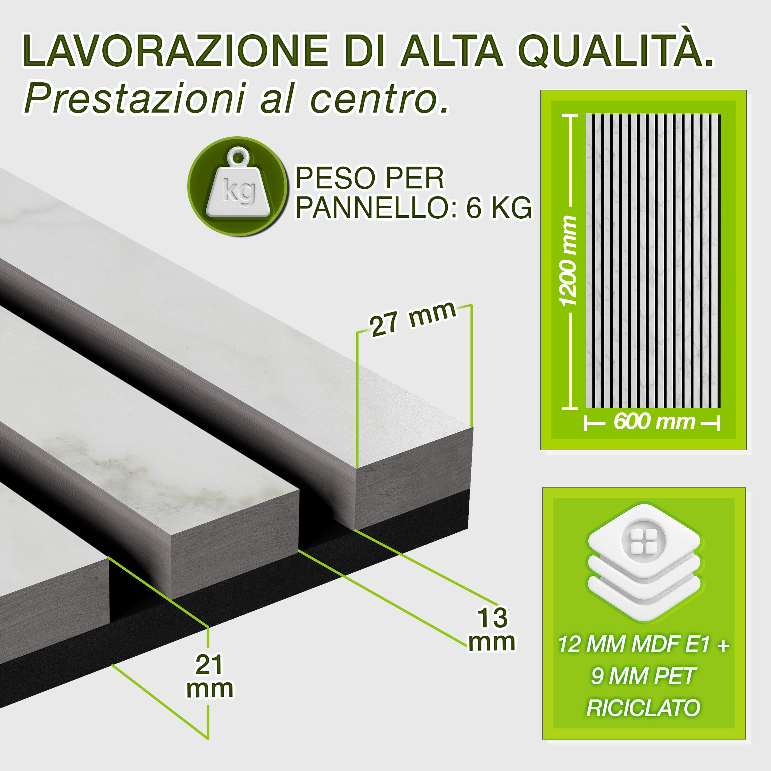 TRESKO 2 pannelli acustici in legno, 120 x 60 cm, con 4 ganci appendiabiti, rivestimento da parete bianco/marmo come parete a lamelle 3D, pannelli in legno per isolamento acustico