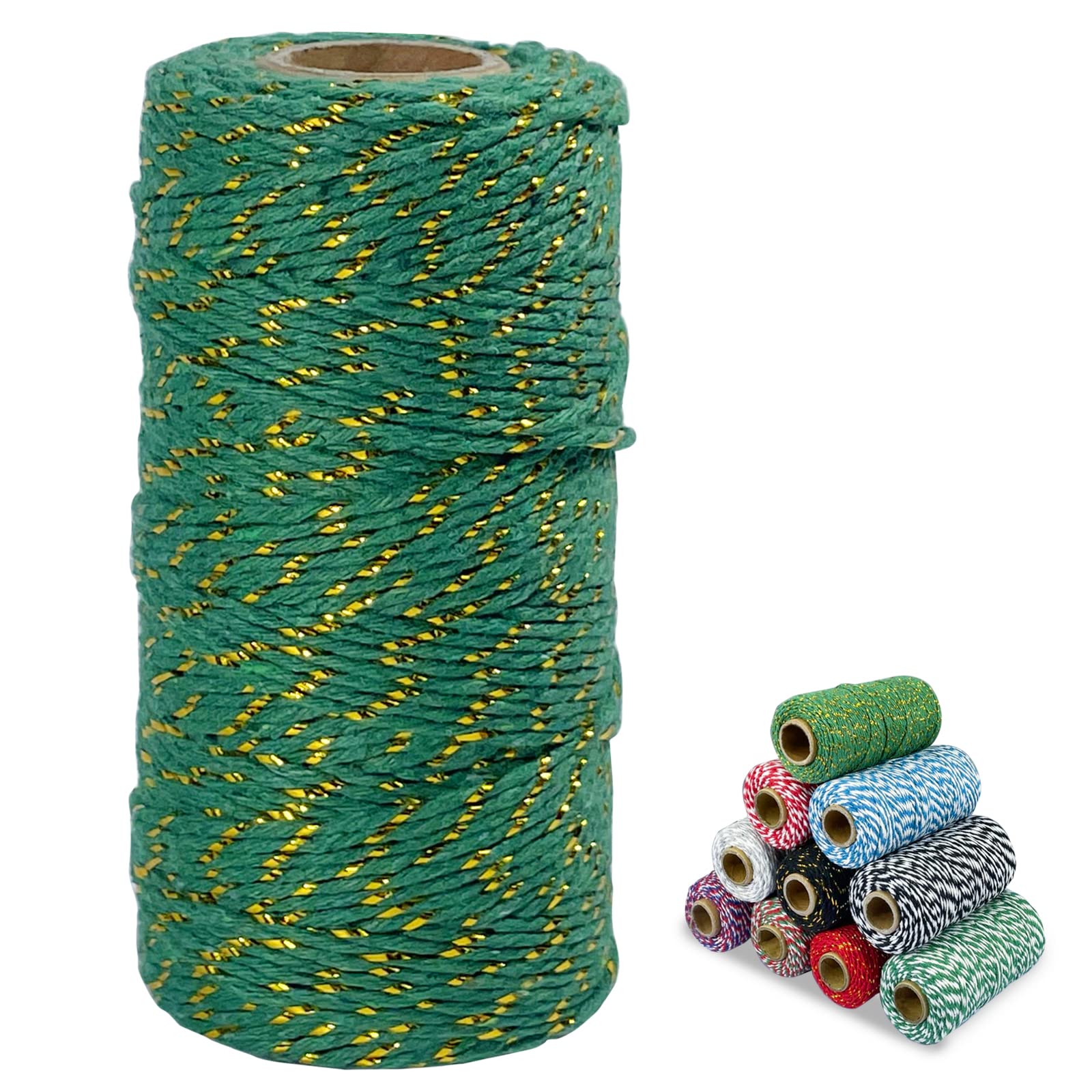 Uiopa Multicolor Green And Gold Twine String 2Mm X 100M Cotton Bakers Twine Butchers String Parcel Rope For Wrapping, Diy Crafts, Baking, Gardening