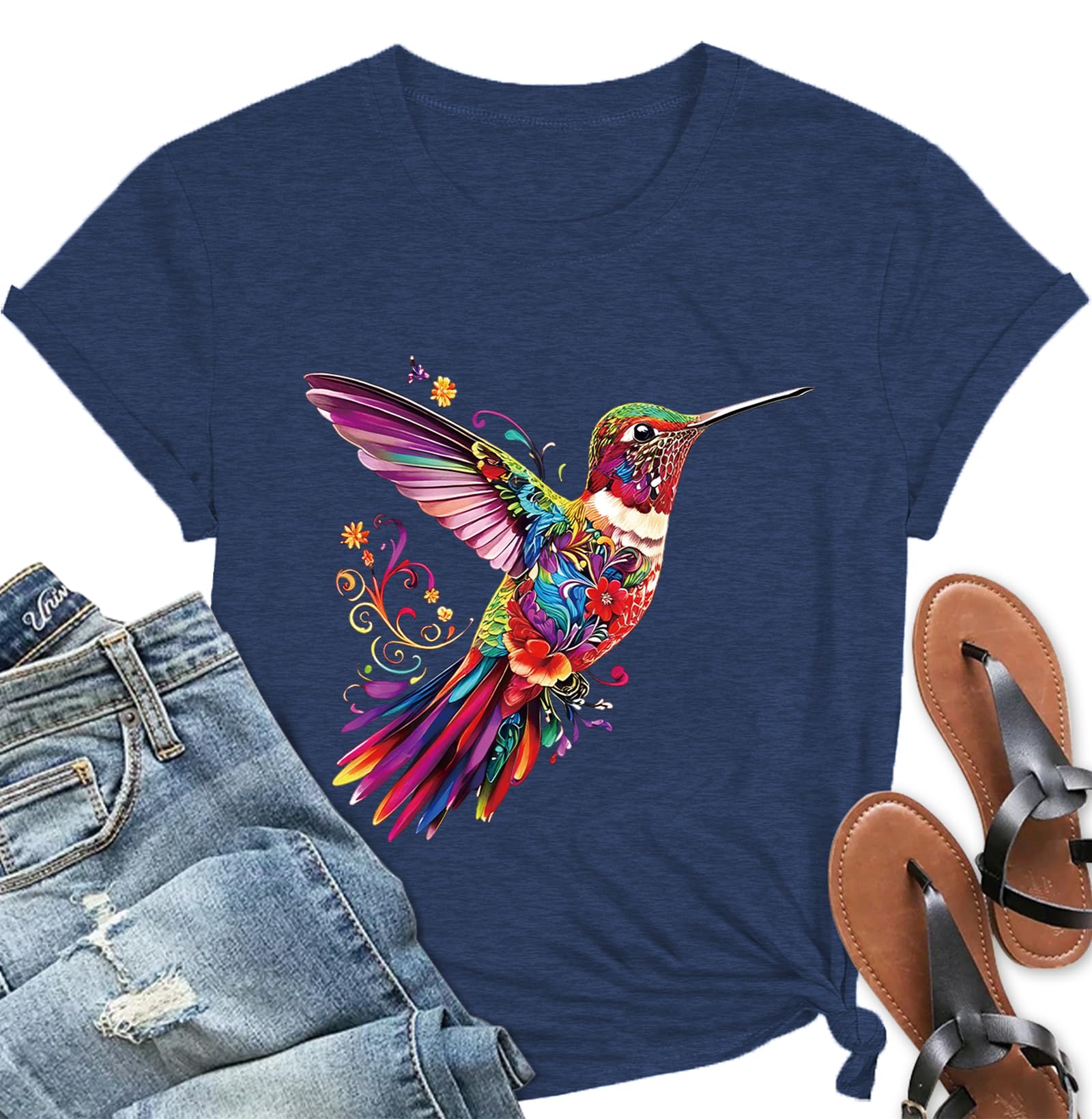 Hummingbird Shirt for Women-Cat Shirts Butterfly Tee Cute Animals Lover Flower Graphic Short Sleeve Tops