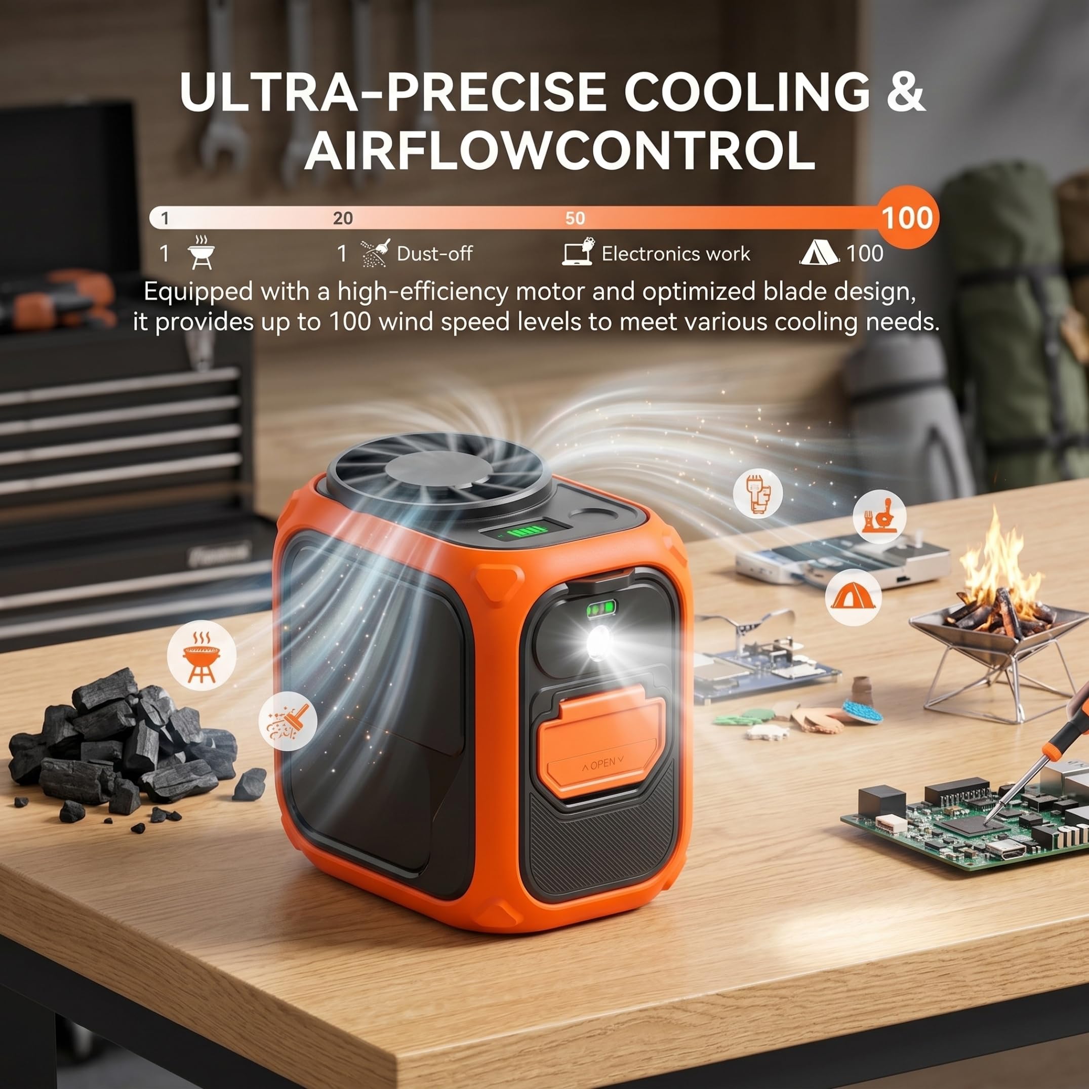 Ventilatore da cintura, piccolo ventilatore portatile con clip in vita con 100 velocità del e luce LED, uso multiscena per campeggio, ciclismo, corsa, pesca, arancione, clip in vita