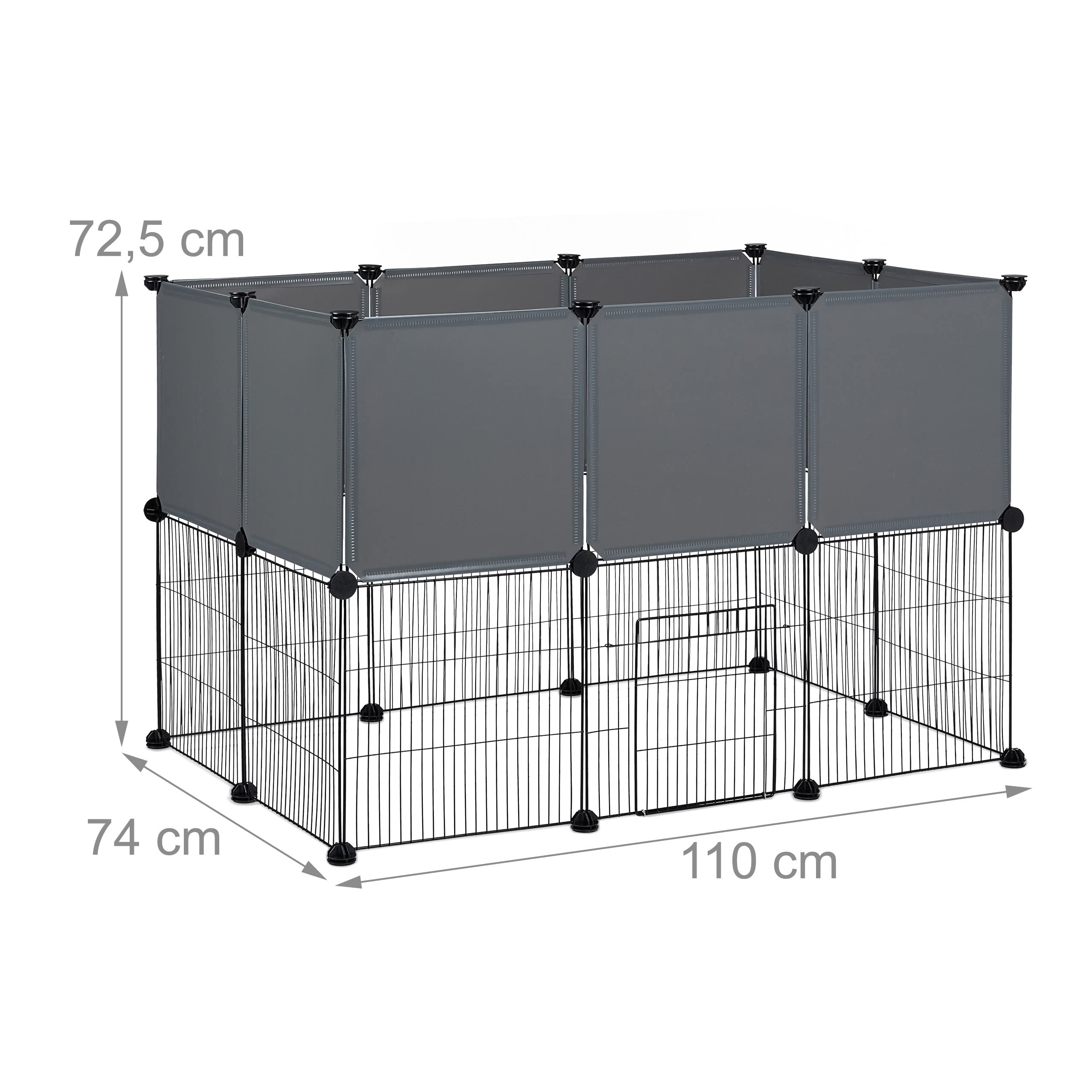 Relaxdays Parque para Mascotas de Malla y Plástico, Corral Cachorros con Piezas Encajables, 72,5x110x74 cm, Negro y Gris