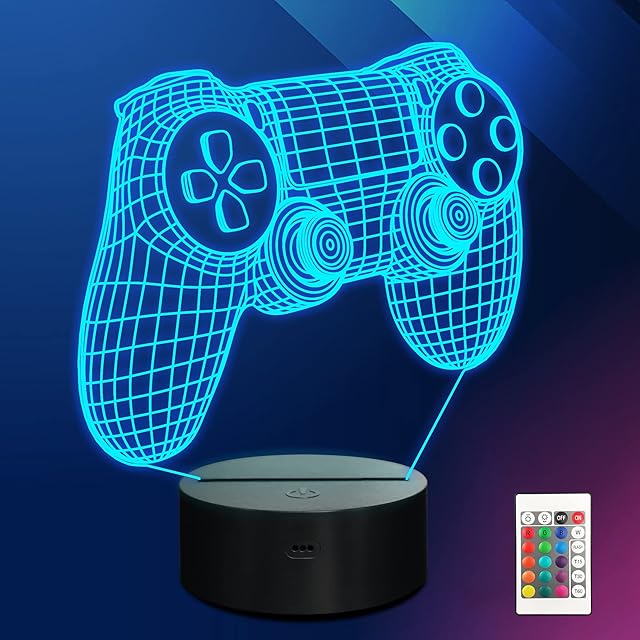 Ammonite Lampka nocna z gamepadem, iluzja 3D, lampa sterująca grą, 16 zmieniających się kolorów za pomocą pilota, dekoracja pokoju gier, jako prezent na Boże Narodzenie, święta, urodziny dla