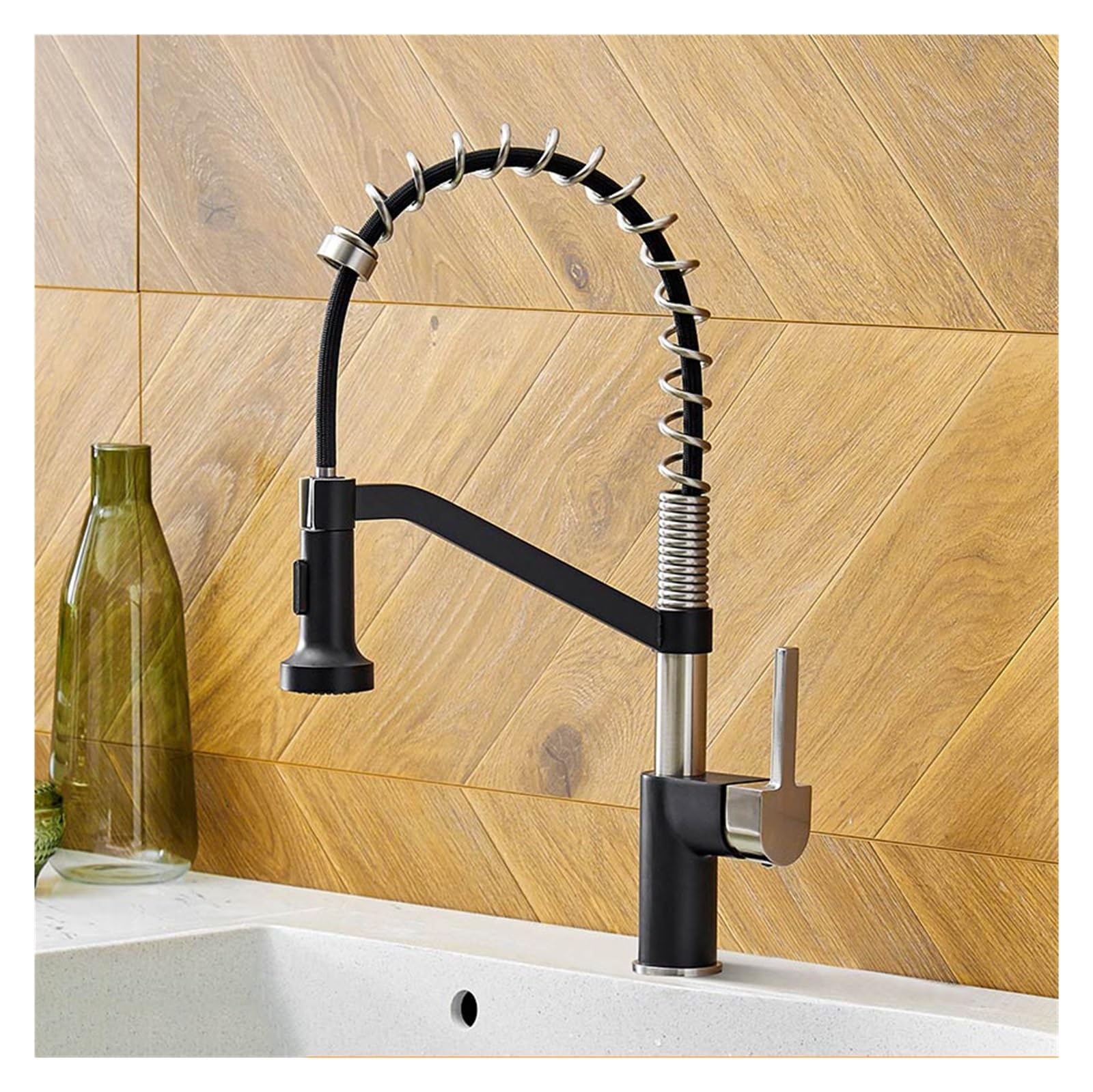 Robinet d'évier de cuisine au design contemporain noir et argent à arc élevé
