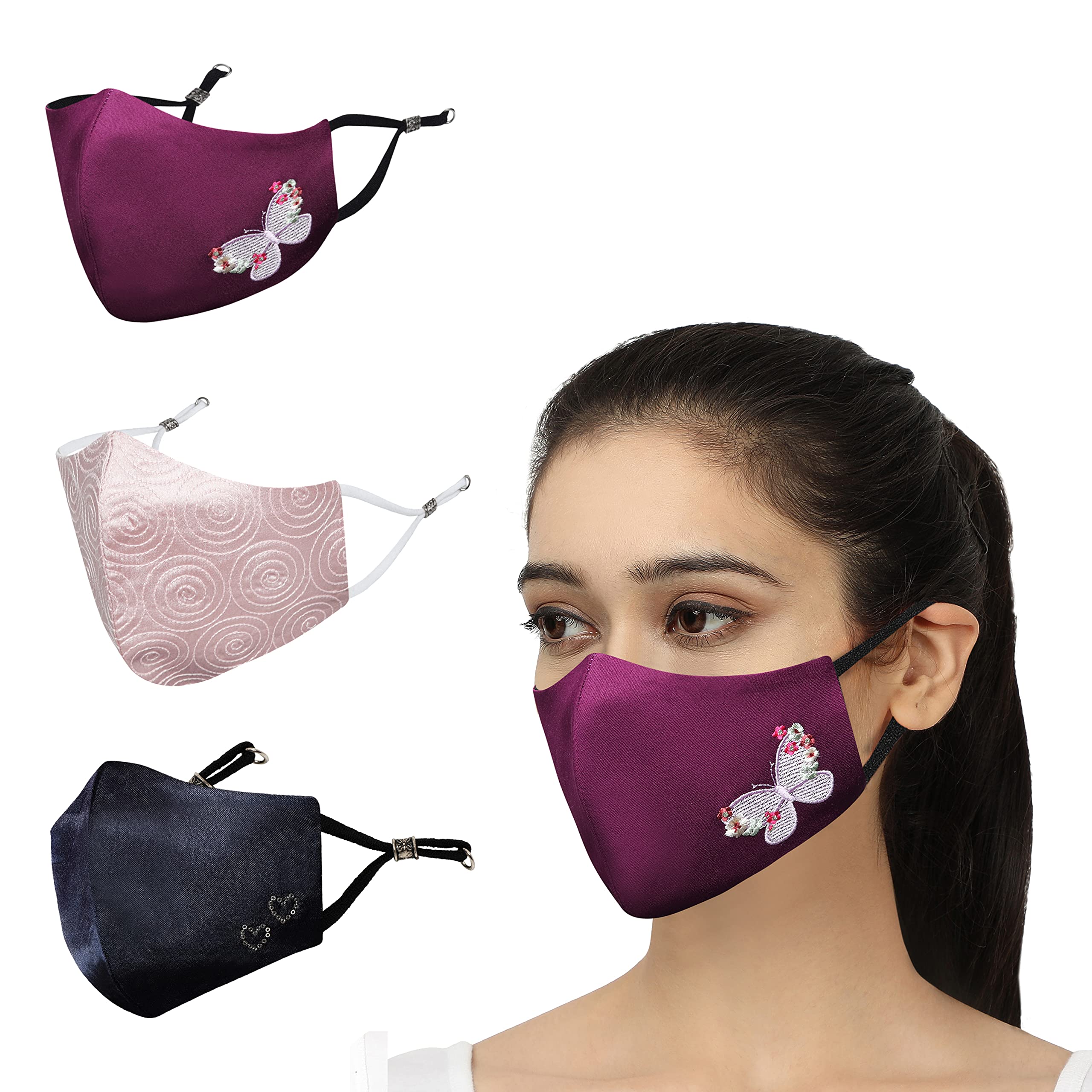MASQ By Q-One 4 Layer Washable, Reusable, Size Adjustable, Anti-Bacterial (BFE>99%) Embroidered Cotton Cloth Face Mask Combo for Women, Girls ​with 1 Detachable Chain (Multicolor, Medium, Pack of 3)-picture-1