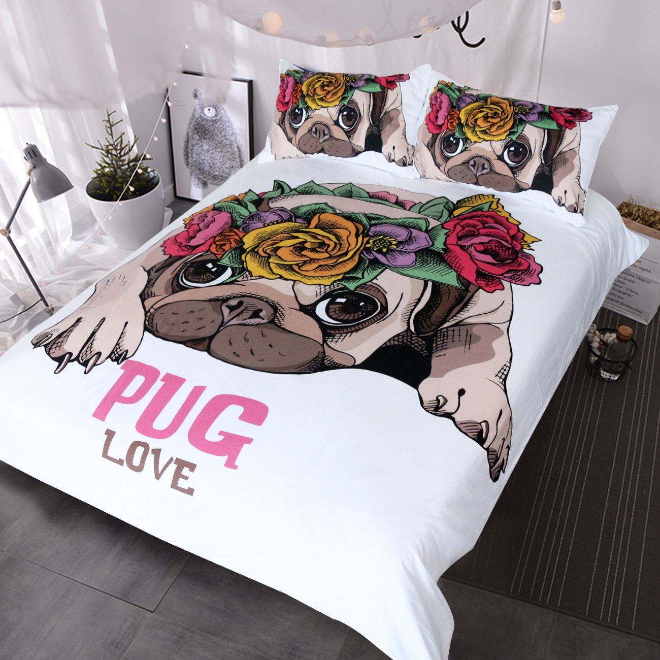 BlessLiving Pug Bedding Puppy Duvet Cover Sets King Size Cute Animal Dog Pattern Printed Comforter Cover for Couple