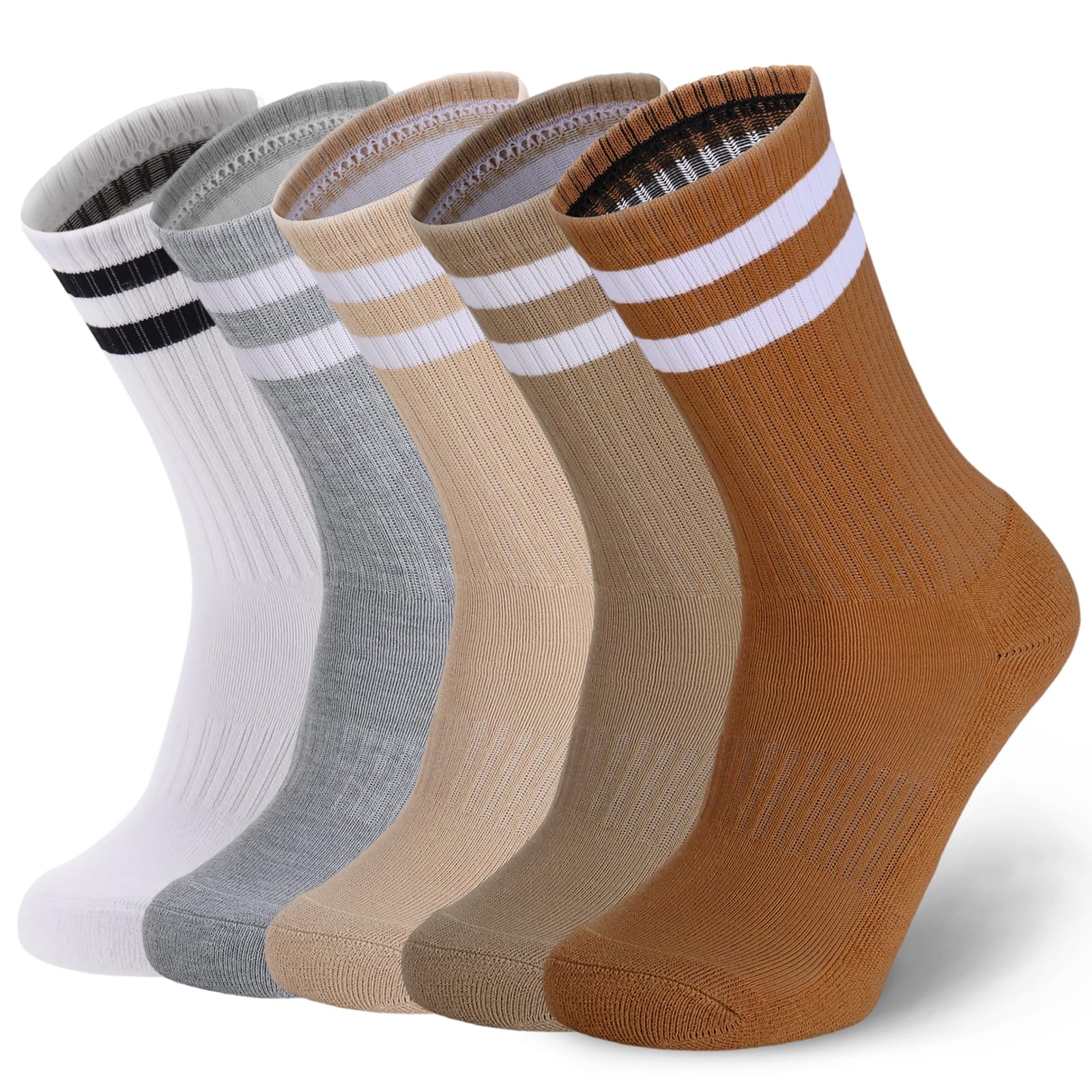 Ultrafun 5 Pairs Striped Crew Socks Cotton Cushioned Athletic Sports Running Socks for Men Women Teens
