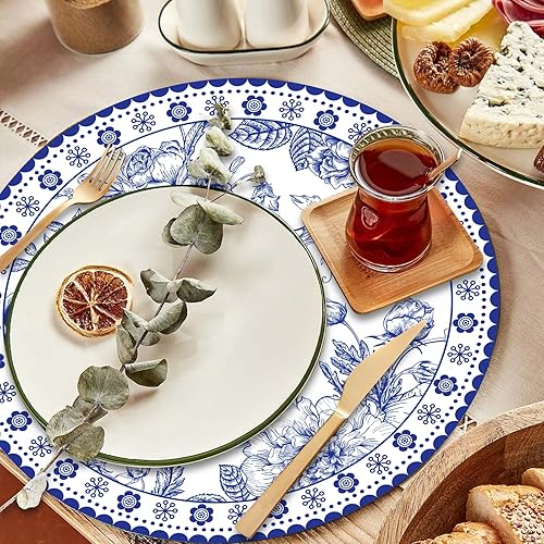 Miniatura 6 de 100 manteles individuales de papel floral azul de 14 pulgadas, manteles individuales redondos de flores, desechables, manteles individuales