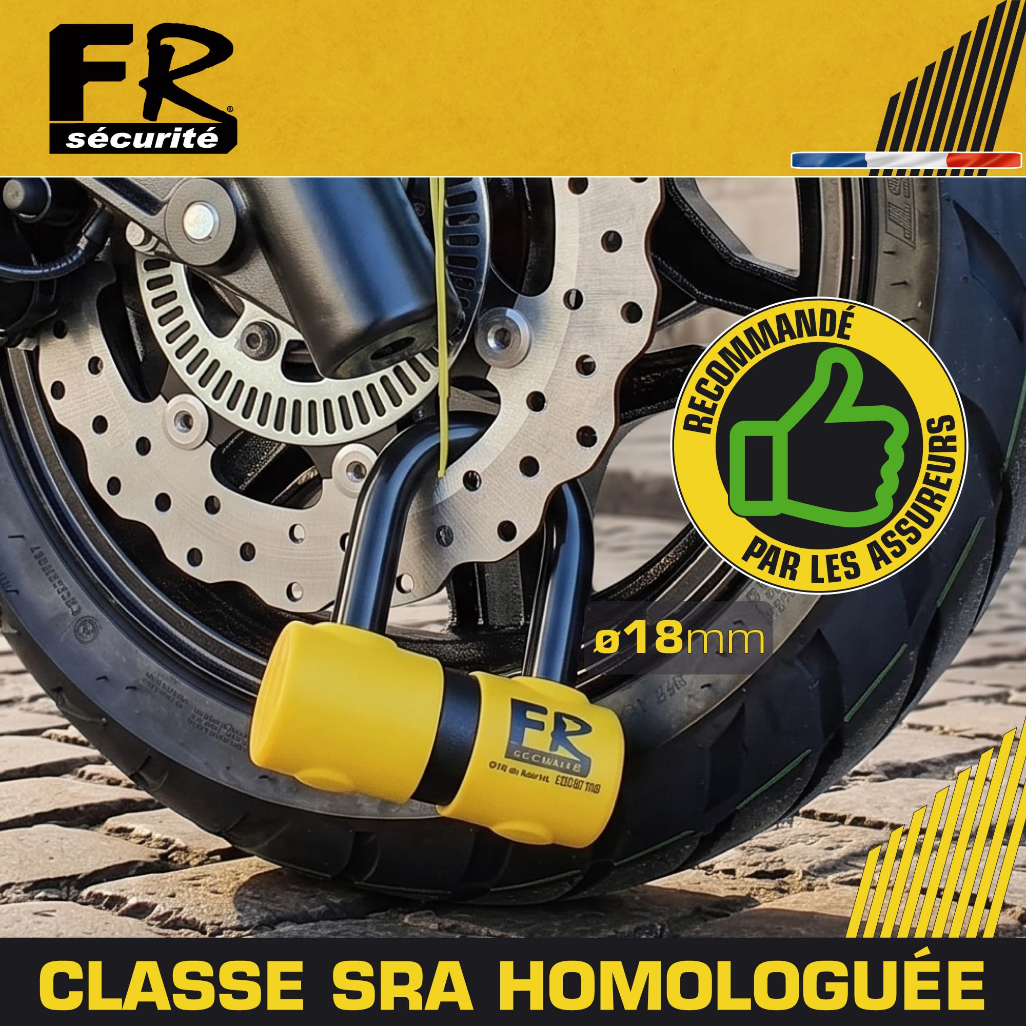 FR SECURITE FR50 Candado Moto Disco Mini U Homologado SRA, Arco ø18mm de Acero Templado, Doble Cierre, Cerradura Alta Seguridad Antiganzúa, Cable Recordatorio, Bloqueo Antirrobo Cepo Disco Freno
