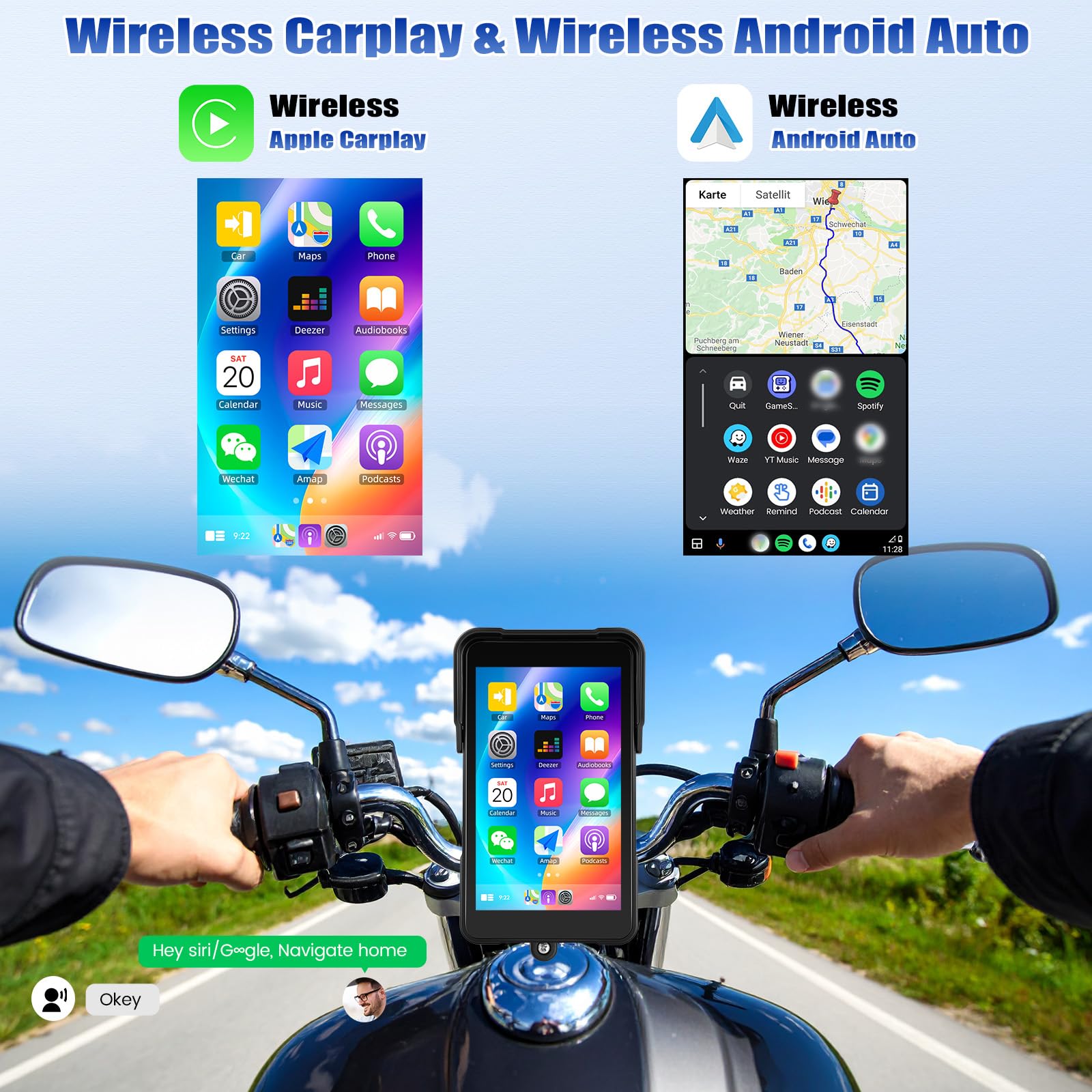 CAMECHO 5 Pollici Carplay Schermo per moto con Wireless Carplay Android Auto IP68 Dispositivi di Navigazione Impermeabili, Display Touchscreen Bluetooth per Moto 12V