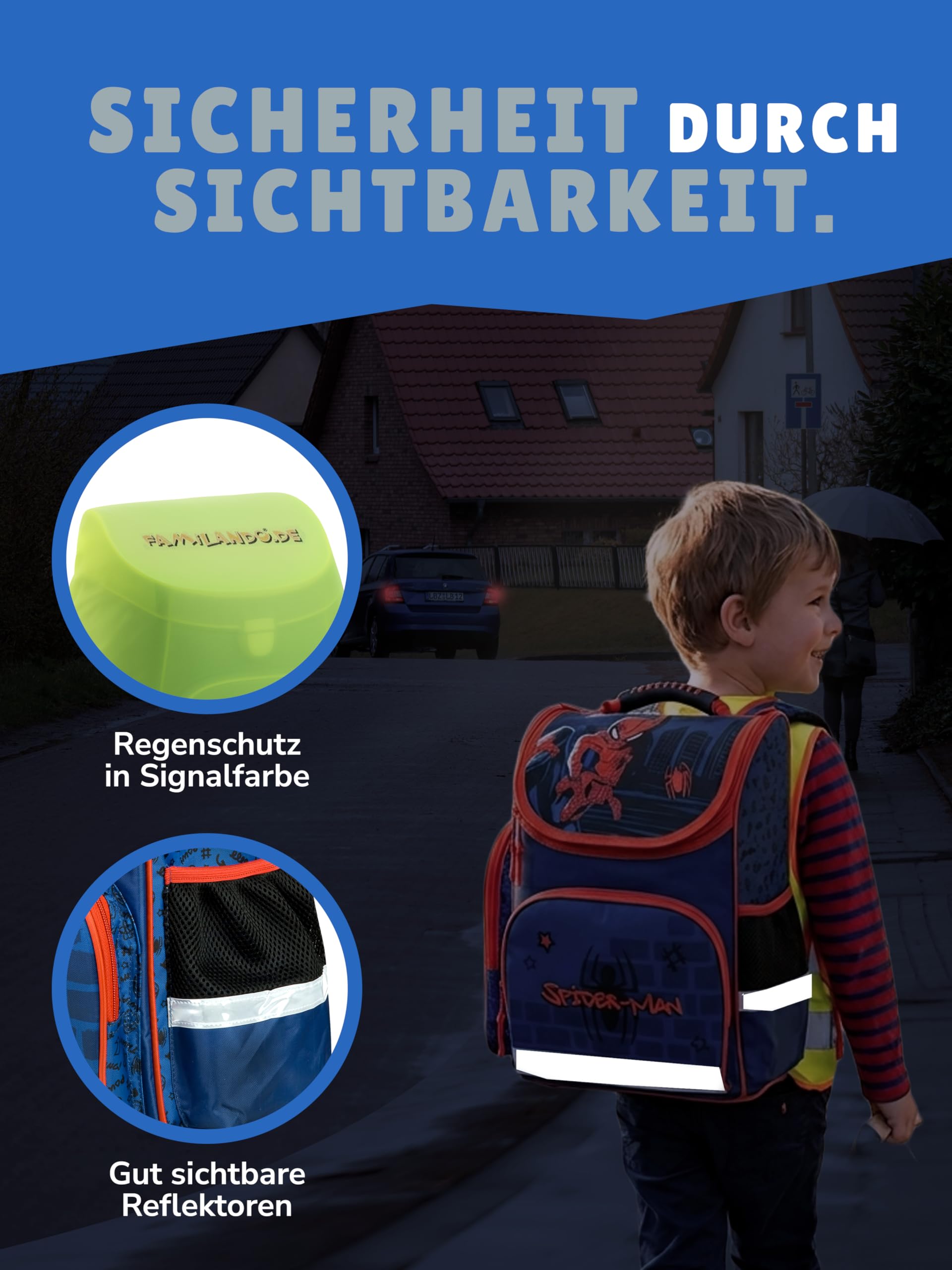Familando - Schulranzen Set CLOU - 9-teilig mit Sporttasche - Marvel Spiderman - Ergonomisch, stabil & mit gepolstertem Rücken - 930g leicht - 15L Volumen - Mit Reflektoren - ab 1. Klasse