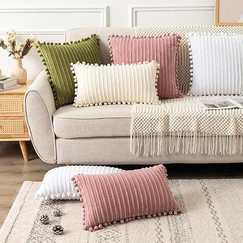 Miniatura 2 de UGASA - Fundas de almohada decorativas suaves y bohemias con pompones, paquete de 2 fundas cuadradas de franela a rayas modernas para sofá,