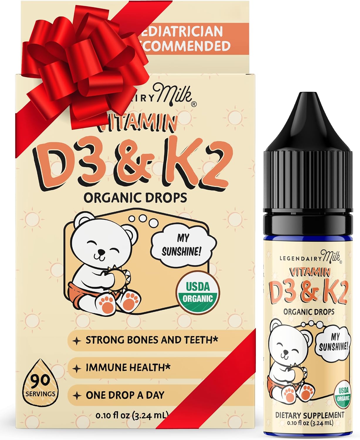 Legendairy Milk Organic Baby Vitamin D3 K2 Liquid Drops, 400 IU of Baby Vitamin D Drops for Infants with K2 Drops, Vitamin D Drops for Newborns, Toddlers, and Kids, Vegan, 90 Drops Liquid