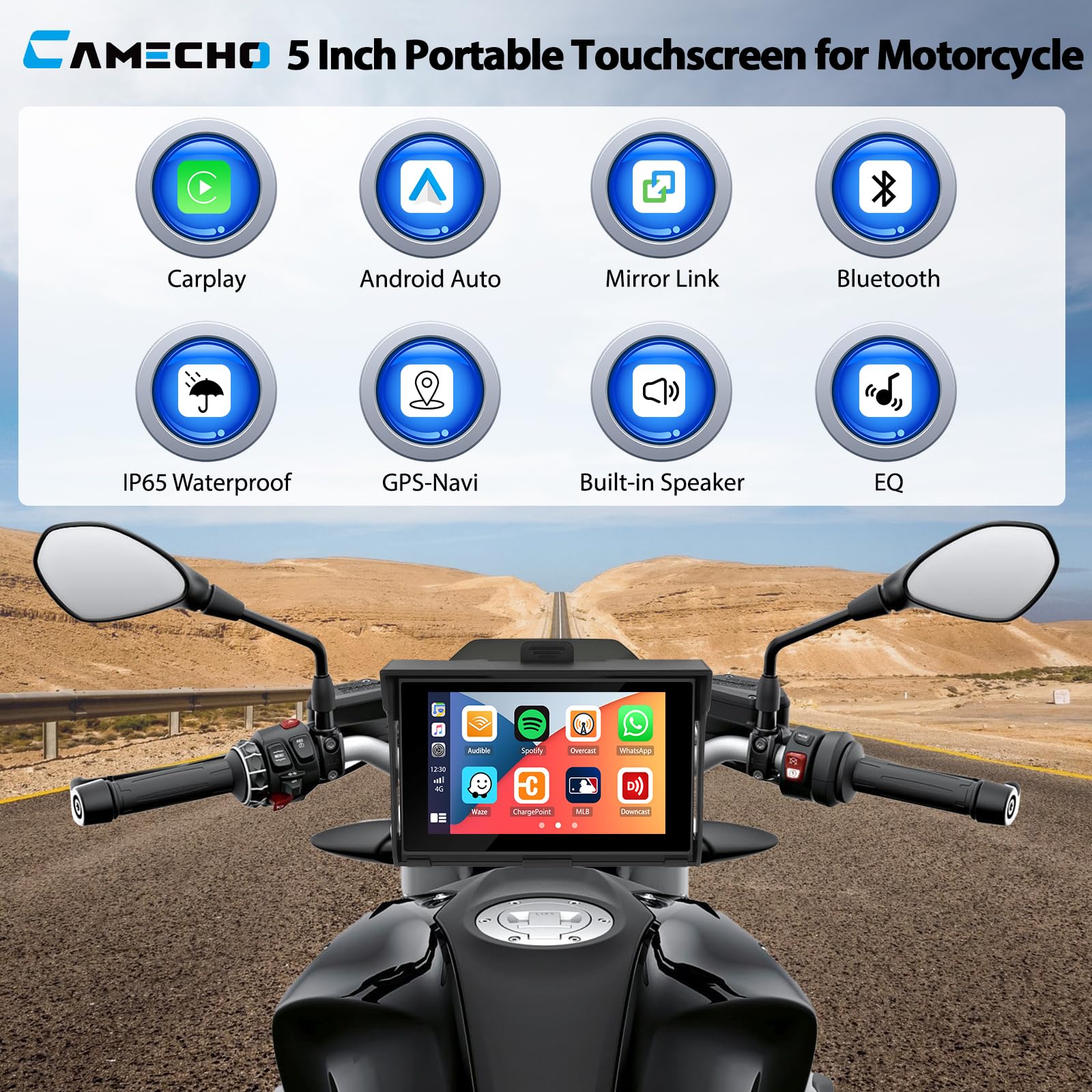 CAMECHO Motorrad GPS Carplay Bildschirm, Kabelloses CarPlay und Android Auto, Tragbarer 7 Zoll Wasserdichter Bluetooth Touchscreen mit Dual Bluetooth, EQ, Navigation, Siri