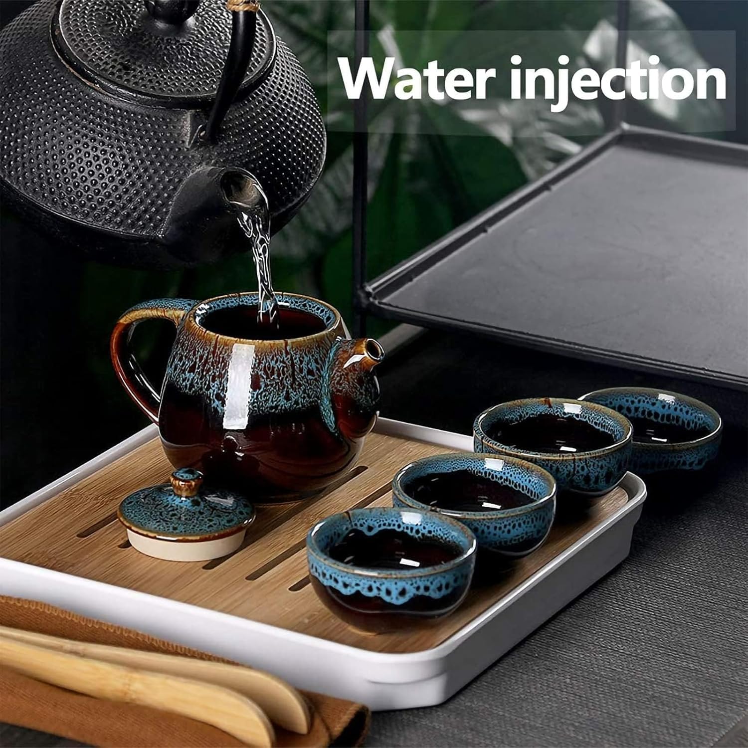 Porzellan Chinesisches Kongfu Tee Set, Tragbares Porzellan Reise Teeservice mit Teetasse, Teekanne, Teematte Bambus Tablett, Teeklammer, Geschirrtuch und Tragetasche Geeignet für Reisen