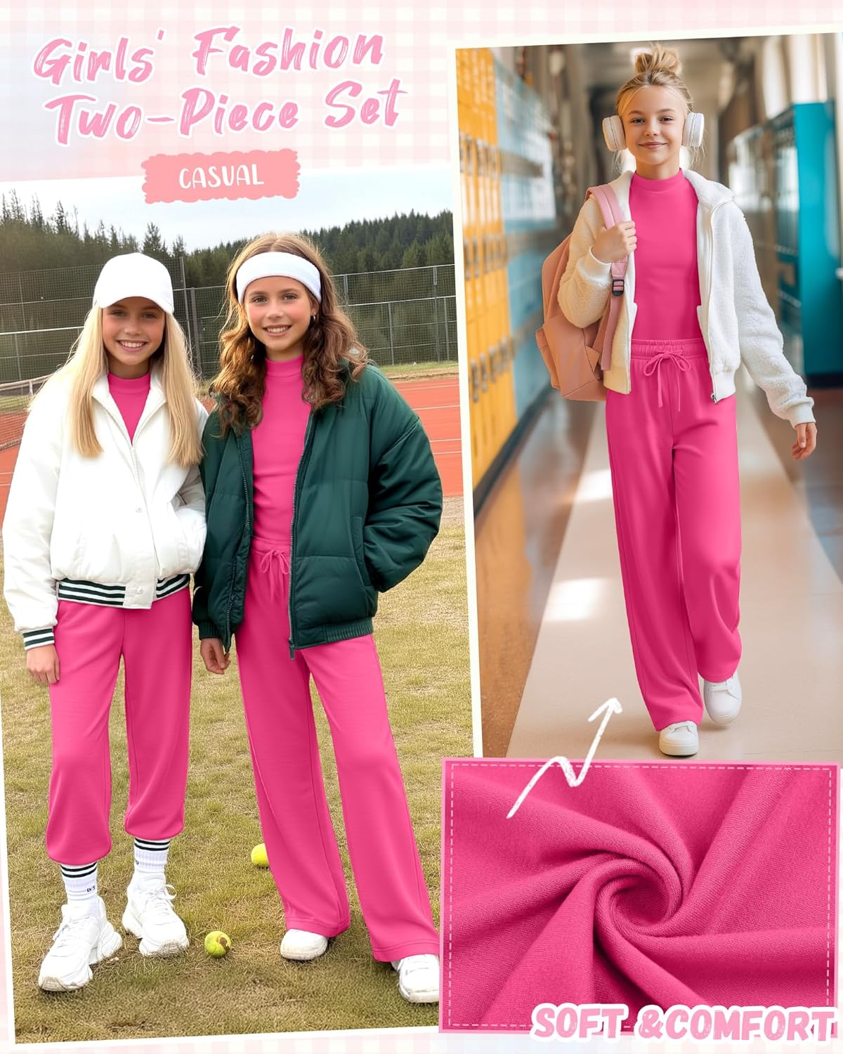 Girls' 2 Piece Outfits Lounge Set Mock Neck Long Sleeve Top Wide Leg Pant with Pocket Casual Sweatsuit Clothing Set - Image 4