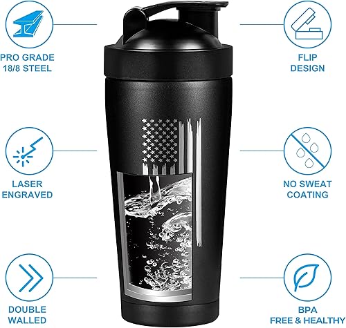 Miniatura 2 de Military Gift Shop Botella agitadora aislada con bandera estadounidense de 24 onzas con diseño de bandera de Estados Unidos desgarrada grabada con