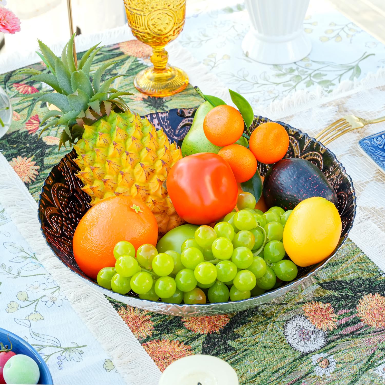 Sungmor 2 cuencos de vidrio de 125 onzas para mezclar ensaladas de 12.5 pulgadas de diámetro. Cuenco grande para frutas, bonito cuenco de vidrio chapado en oro negro y dorado, cuencos de