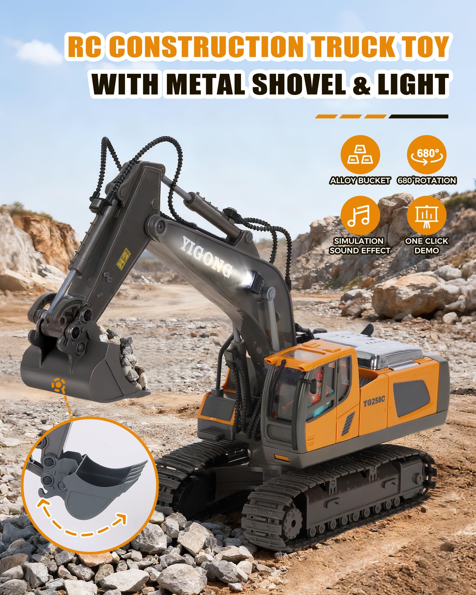 HuiJuKeJi 11-Channel Remote Control Excavator Toy, Rechargeable 2.4 GHz RC Construction Vehicle for Kids, 680° Rotation | Metal Shovel | Lights & Sounds, for Boys Ages 6-12